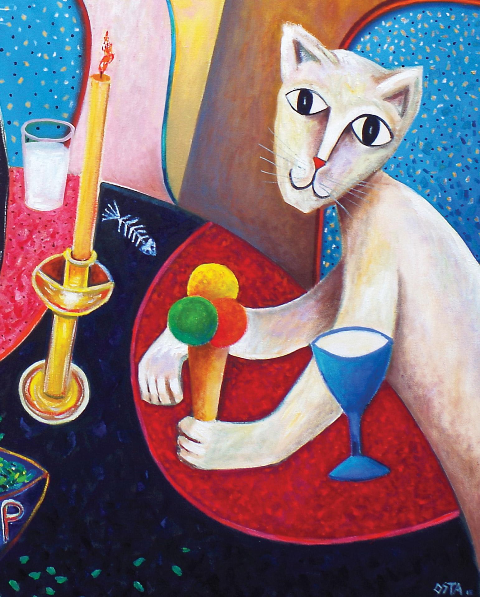 CATNIP, oil on canvas, cats multi color painting, square - Painting by Andrew Osta