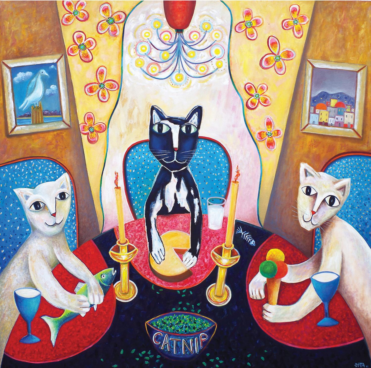 Andrew Osta Animal Painting - CATNIP, oil on canvas, cats multi color painting, square