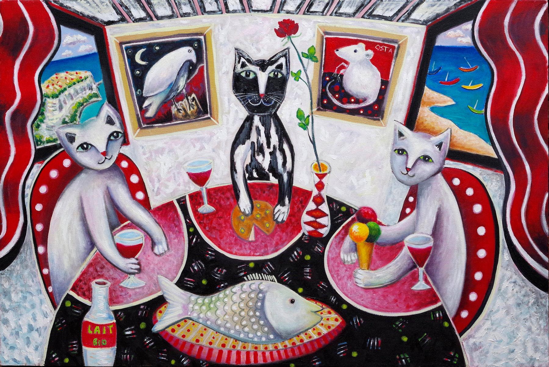 Andrew Osta Animal Painting - MONACO CATS- White & Red Painting oil on canvas