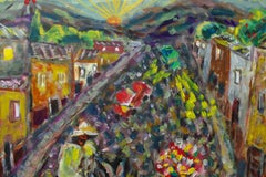 VILLAGE PARADE - Colorful Painting Oil on wood