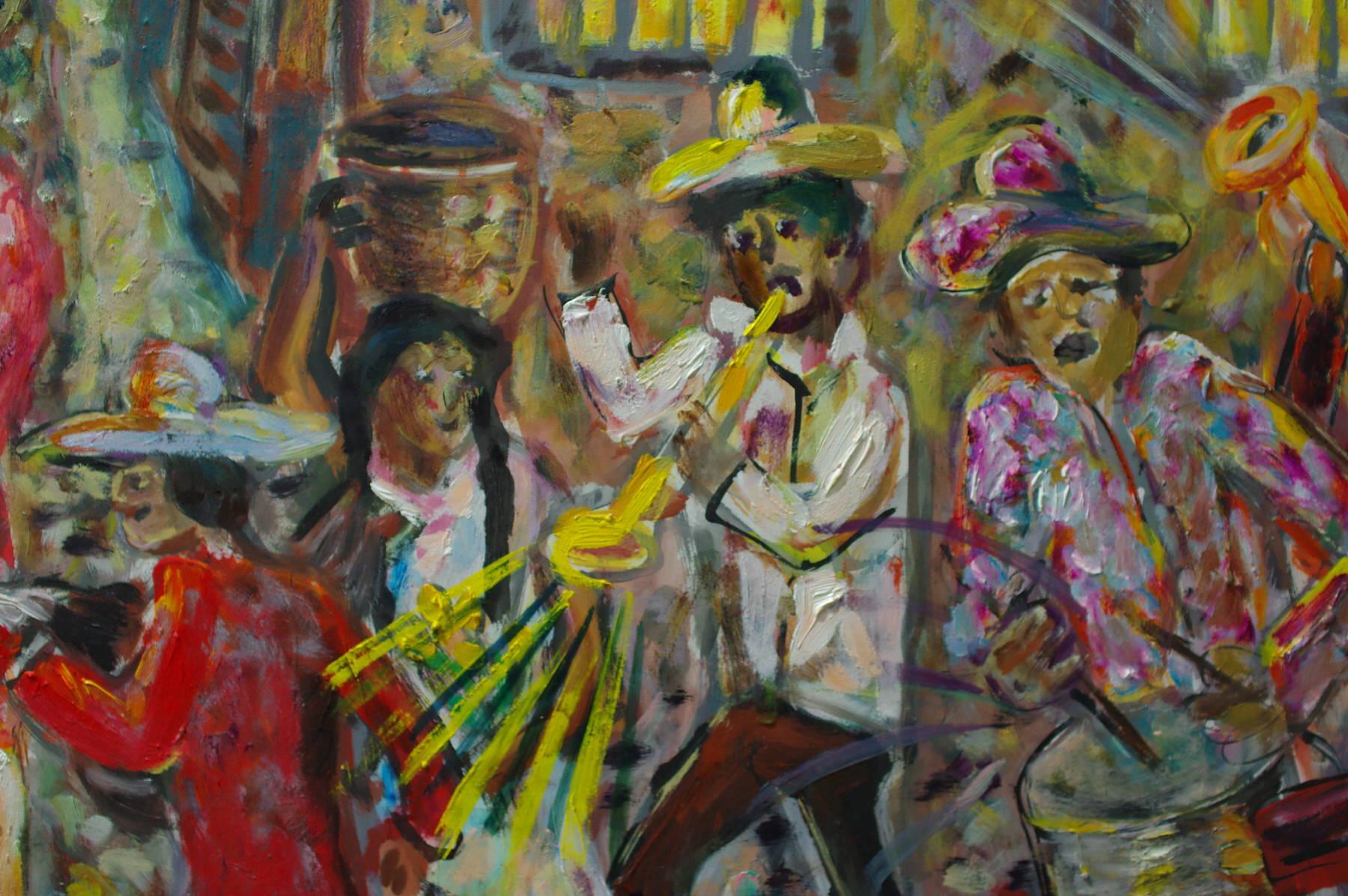 VILLAGE PARADE - Colorful Painting Oil on wood For Sale 4