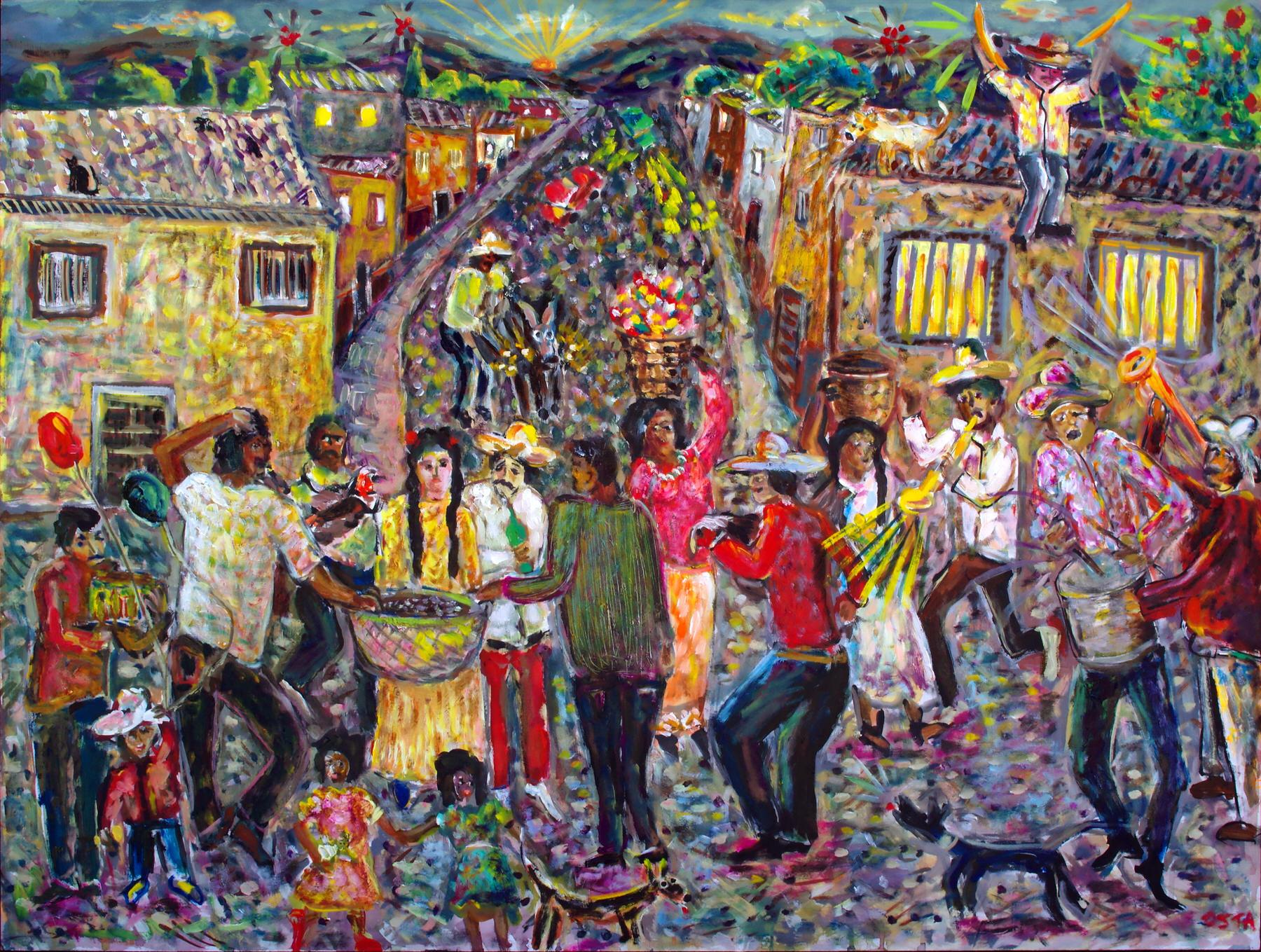 Andrew Osta Figurative Painting - VILLAGE PARADE - Colorful Painting Oil on wood