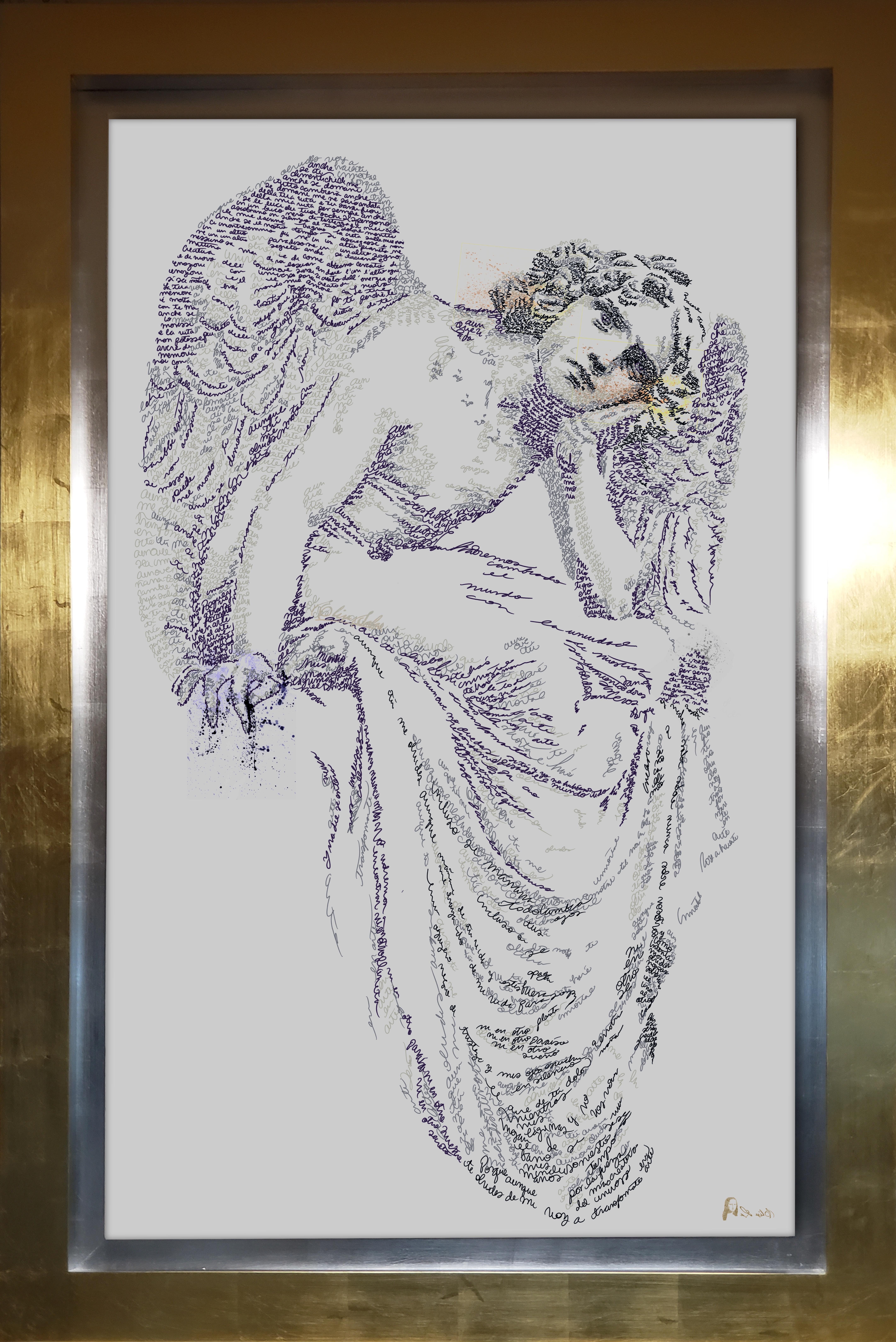 Figurative Painting de Elisa Salas - Escultura Angelo Caligrama- arte textual, marco dorado