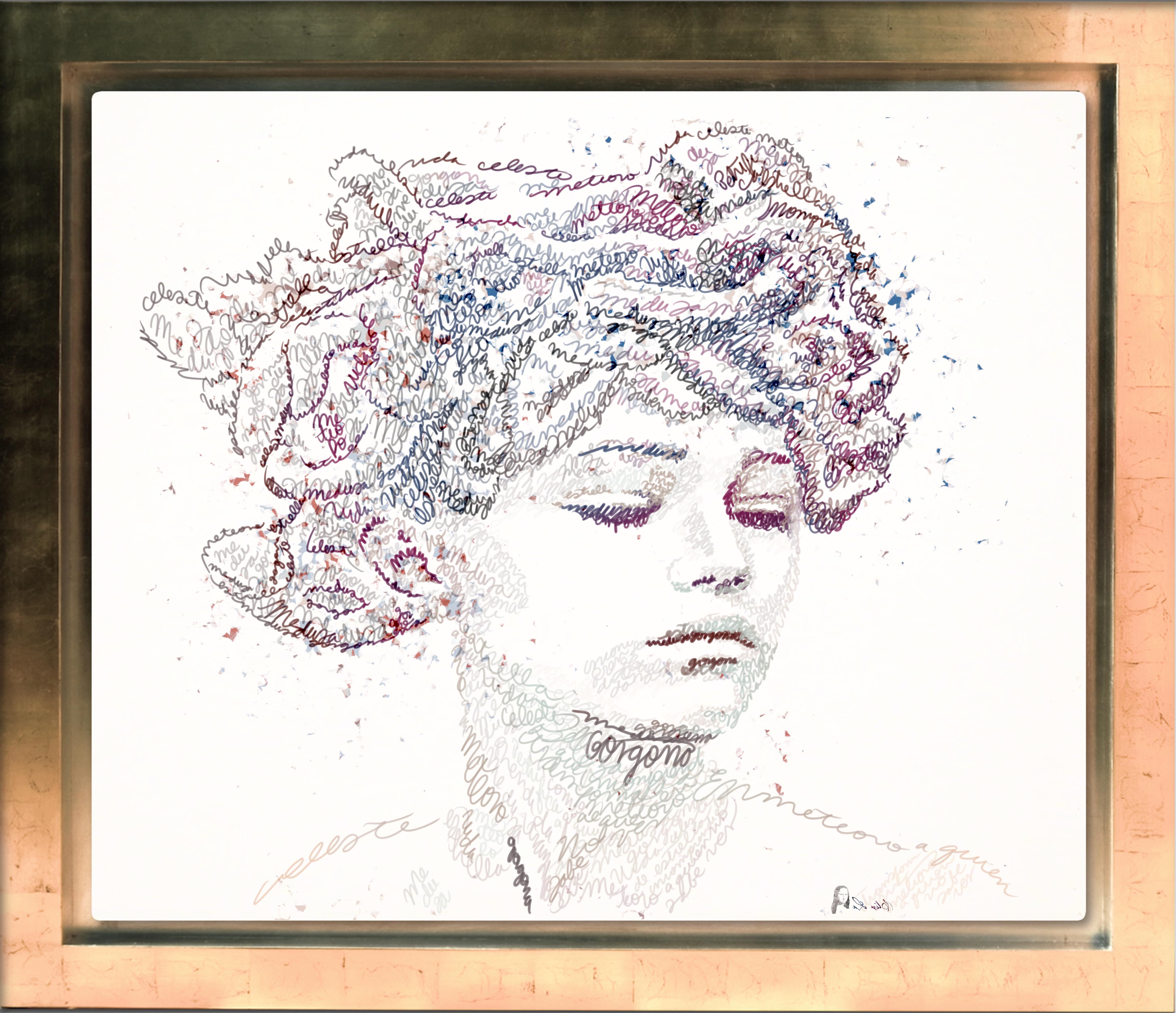 Elisa Salas Figurative Painting - Calligram of Medusa Splashing her pain away- text art, gold frame