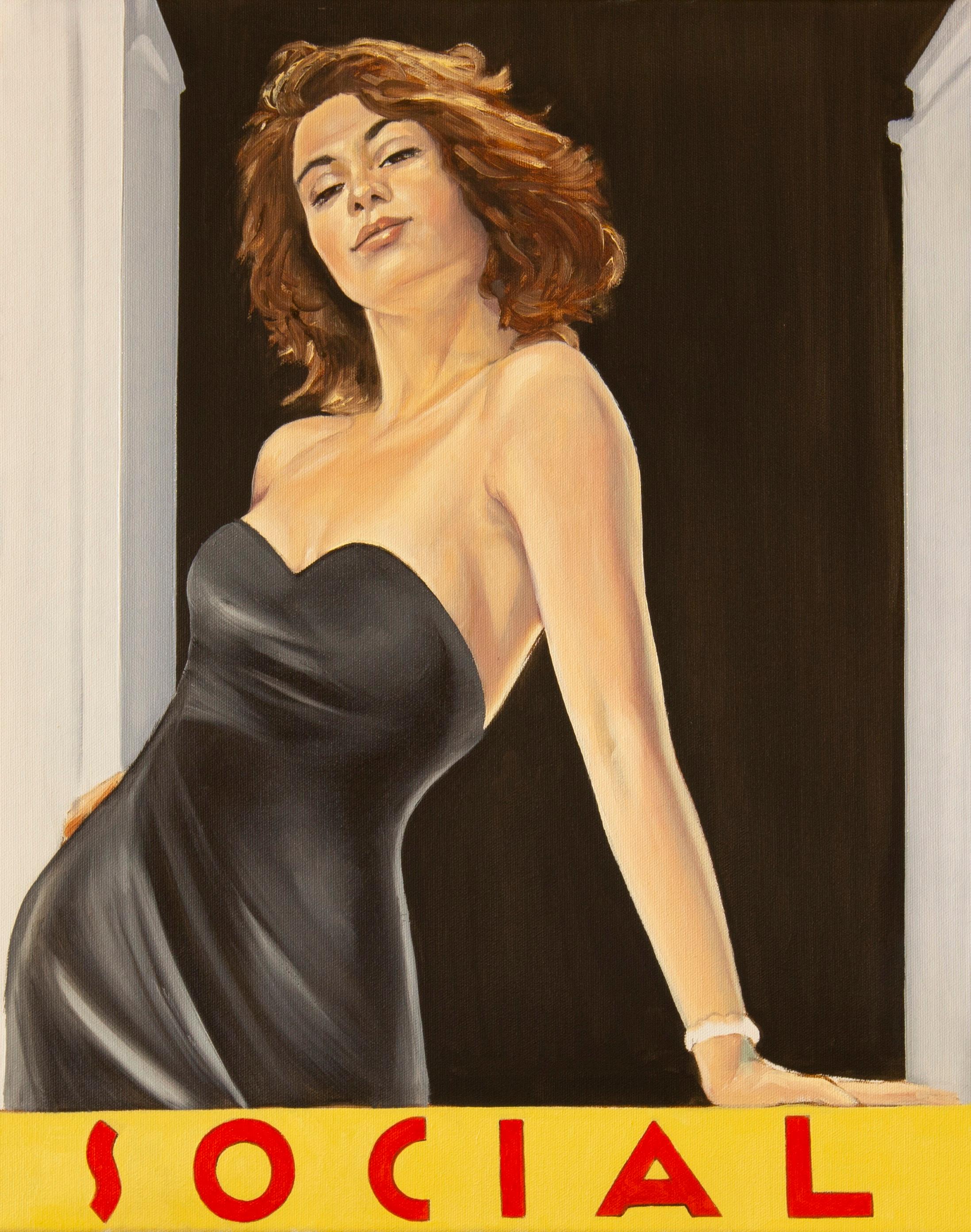 Andres Conde Figurative Painting - Social Veranda- figurative Painting woman in black with red hair