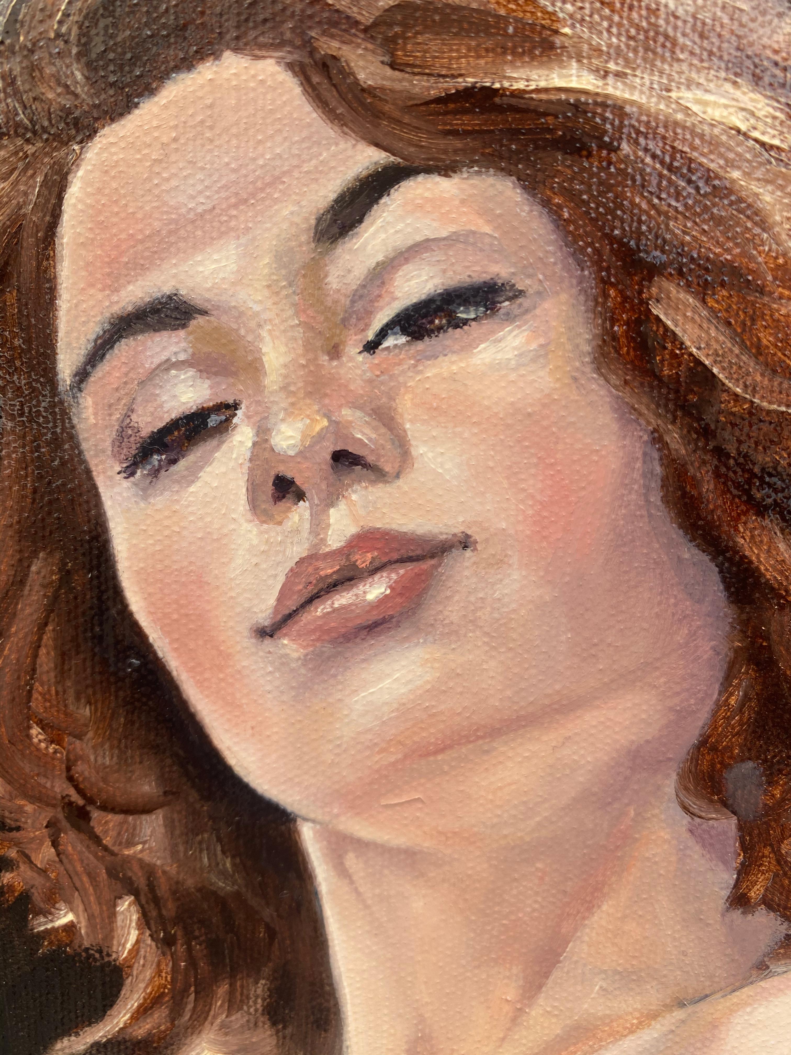 Veranda Social- Pintura figurativa mujer de negro con pelo rojo - Painting de Andres Conde