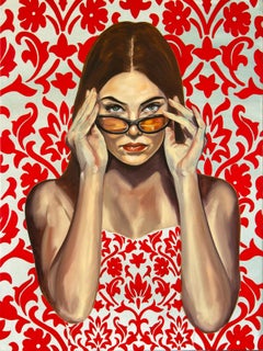 I See Through You- figurative Painting red and white, woman with sunglasses