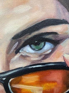 I See Through You- figurative Painting red and white, woman with sunglasses