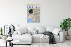 Social Losas I - peinture verticale figurative beige et bleu clair
