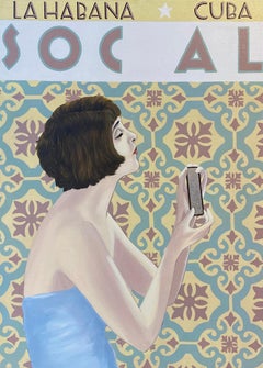 Social Losas I - Pintura figurativa vertical beige y azul claro