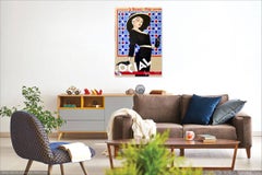 Social Flota- Blue figurative vertical, blonde woman in black