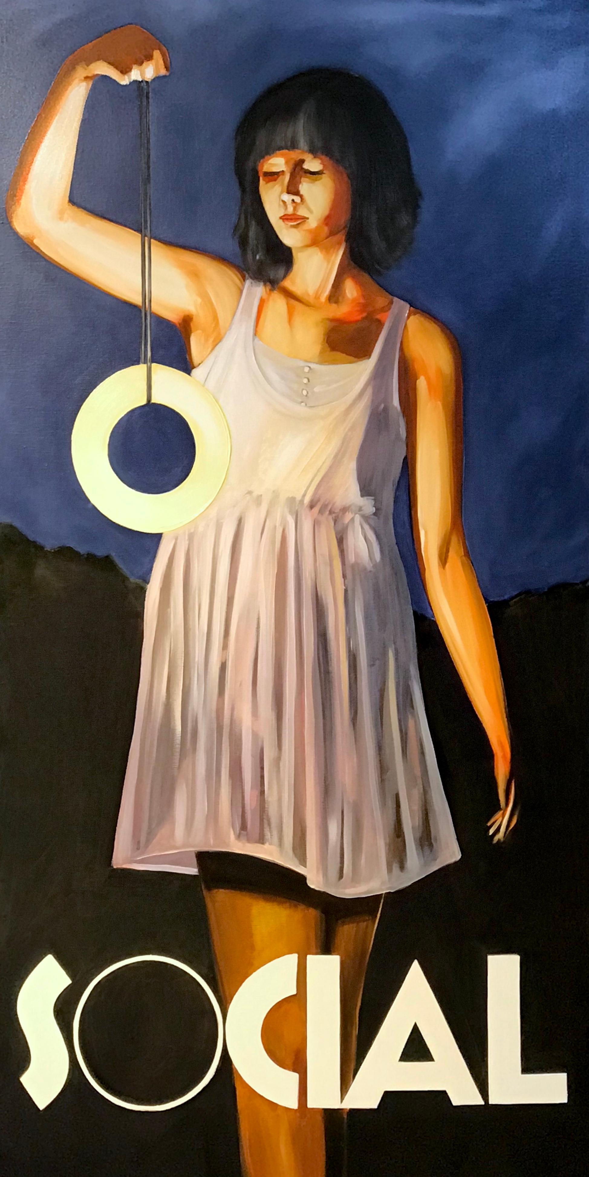 Andres Conde Figurative Painting - Luz Social- figurative vertical, woman with light, dark blue
