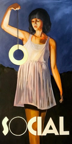 Lights Social- verticale figurative, femme avec lumière, bleu foncé