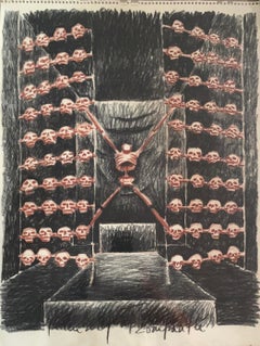 "Tzompantli Ehrenberg" - Dibujo vertical de calavera en rojo, negro y blanco.