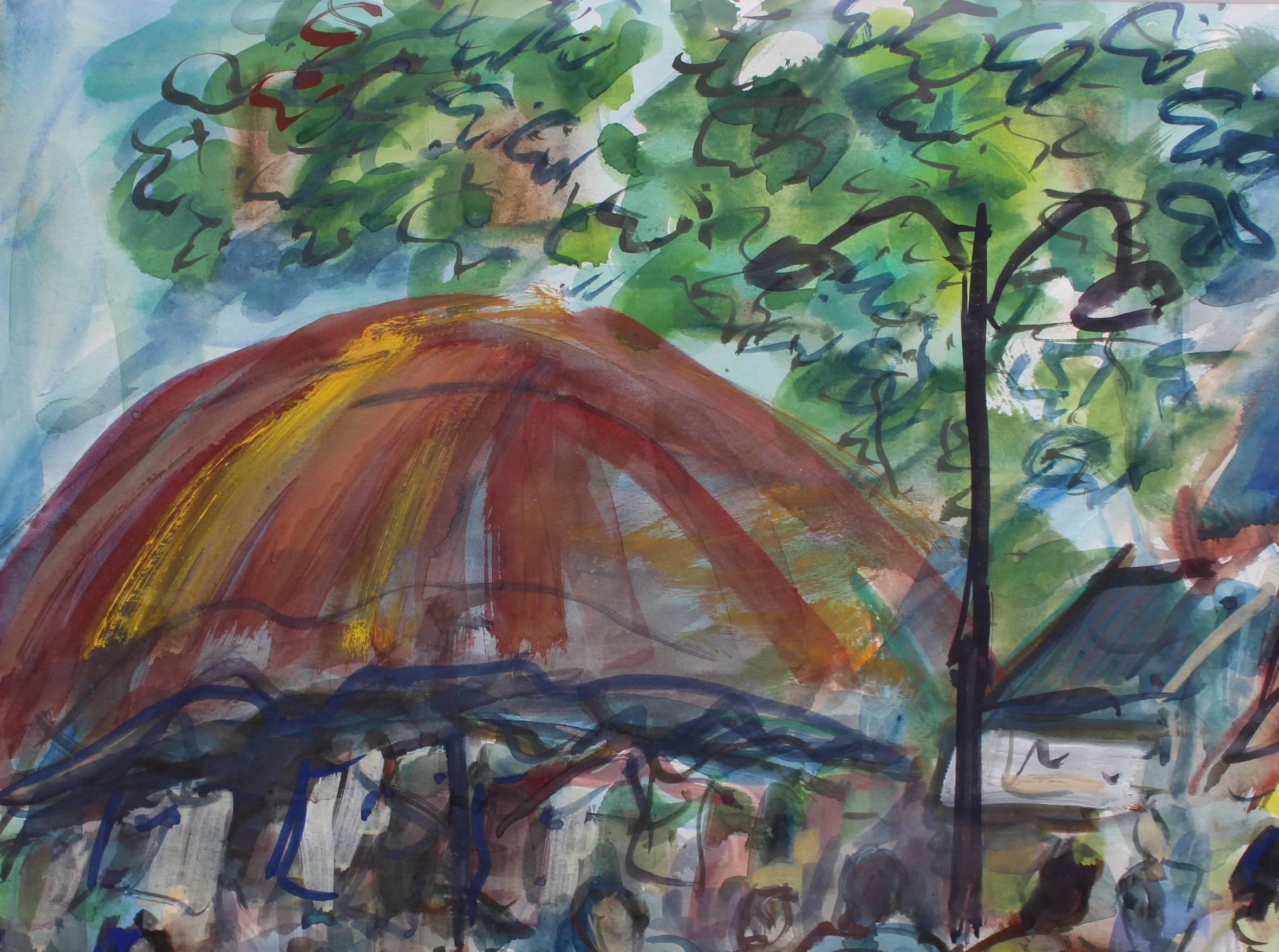 'Parisian Street Market', watercolour on paper (circa 1970s) by Roland DuBuc (1924 - 1998). A scene from a vibrant and colourful market on a summer's day in Paris, beautifully captured by the artist. Known for his Parisian scenes, DuBuc focuses on a