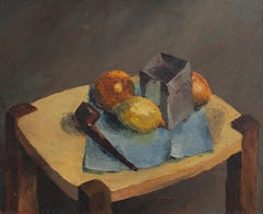 'Still Life with Fruit and Pipe' Oil Painting by French Artist Quillien, 1937