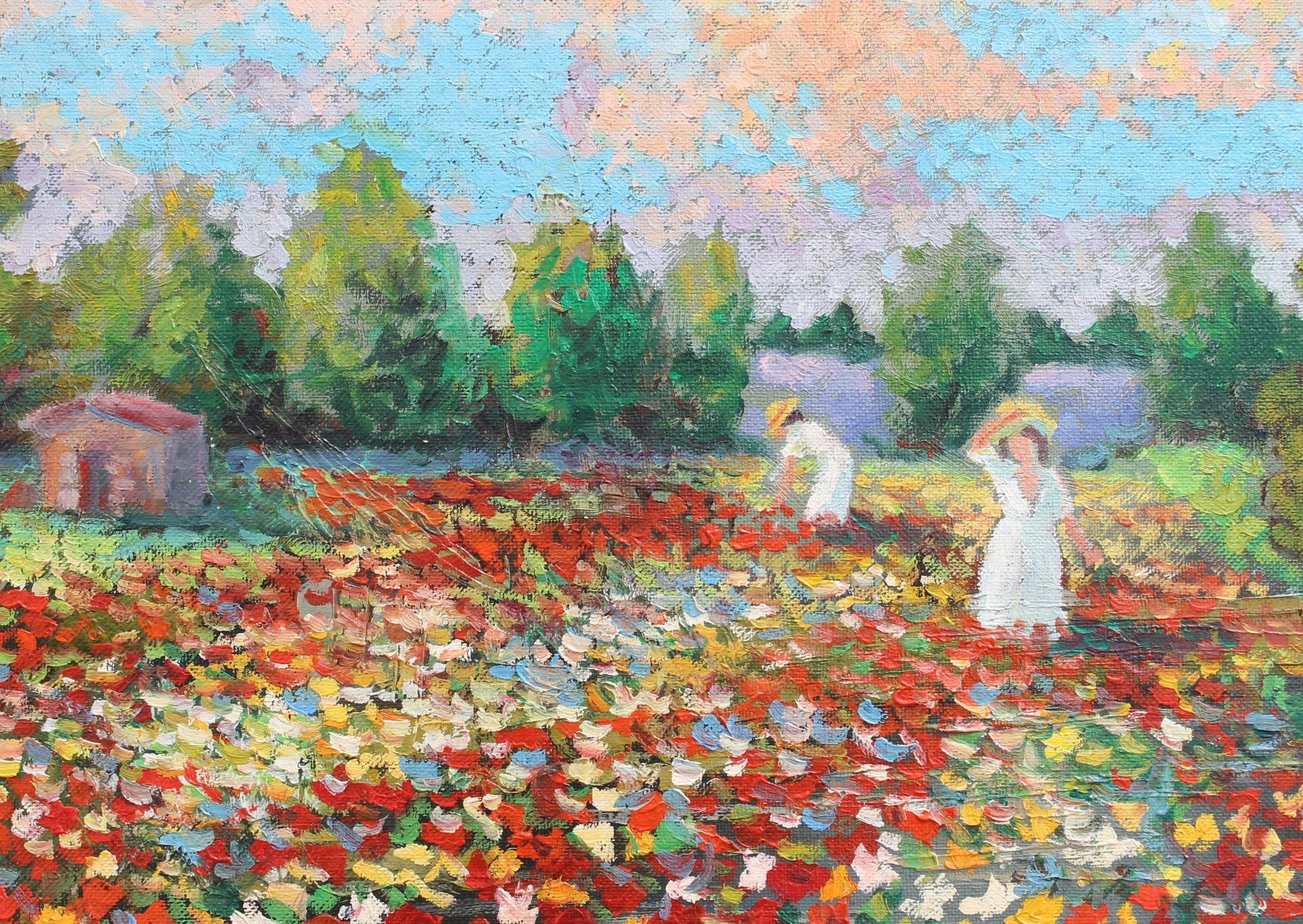 'Women Tending Flowered Field' by Antoine Bogey, French Impressionist Painting 7