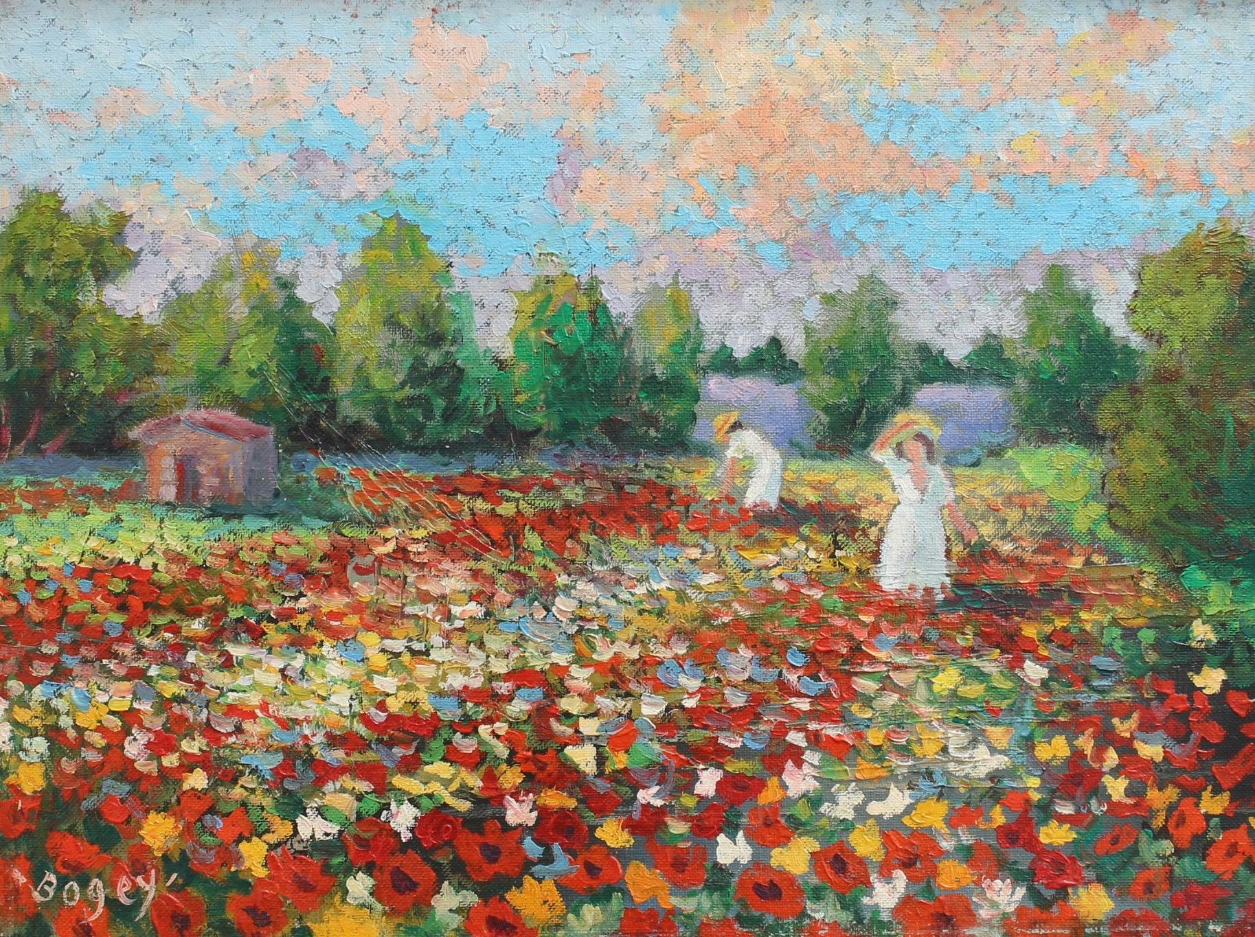 'Women Tending Flowered Field' (Femmes au Champ Fleuri), oil on board (circa 1960s), impressionist work by French Artist Antoine Bogey (1943 -     ). A beautiful Provençal day sees two hatted women in summer dresses tending a beautiful field of