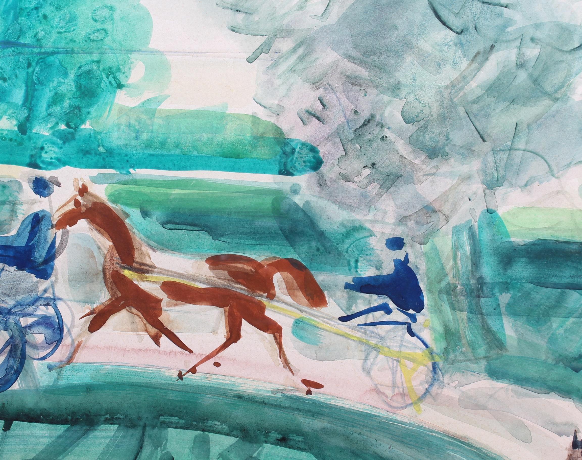 'A Day at the Deauville Racetrack', watercolour on fine paper (circa 1950s), by Pierre Gaillardot (1910 - 2002). Harness racing is an exciting form of horse racing in which the animals run at a specific gait. They usually pull a two-wheeled cart