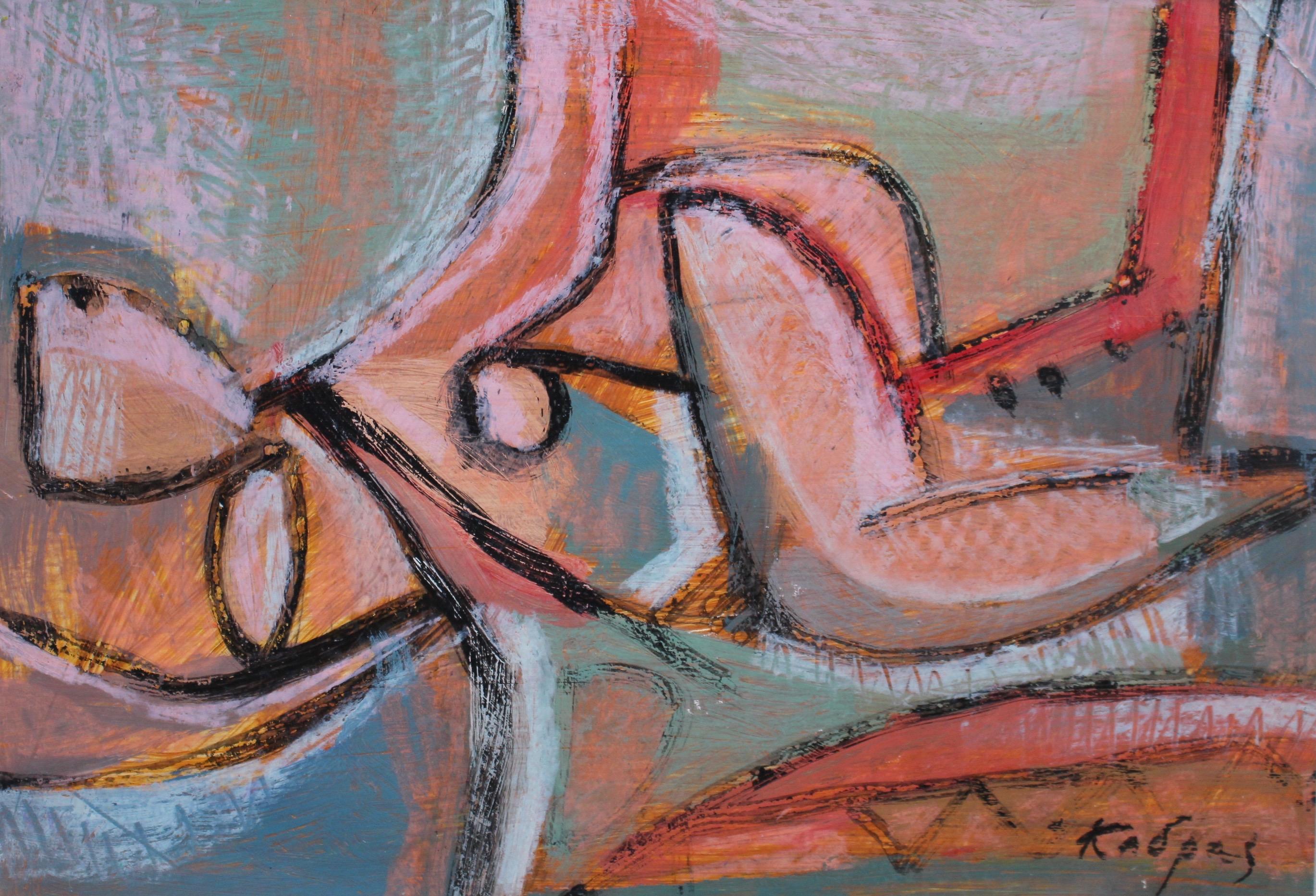 'Reclining Woman in Abstract', acrylic and wax crayon on fine art paper, (circa 2000), by Yiannis Kadras (b. 1962). A lively and colourful abstract composition with pink, coral, greens and blues. The work depicts a reclining nude posing for the