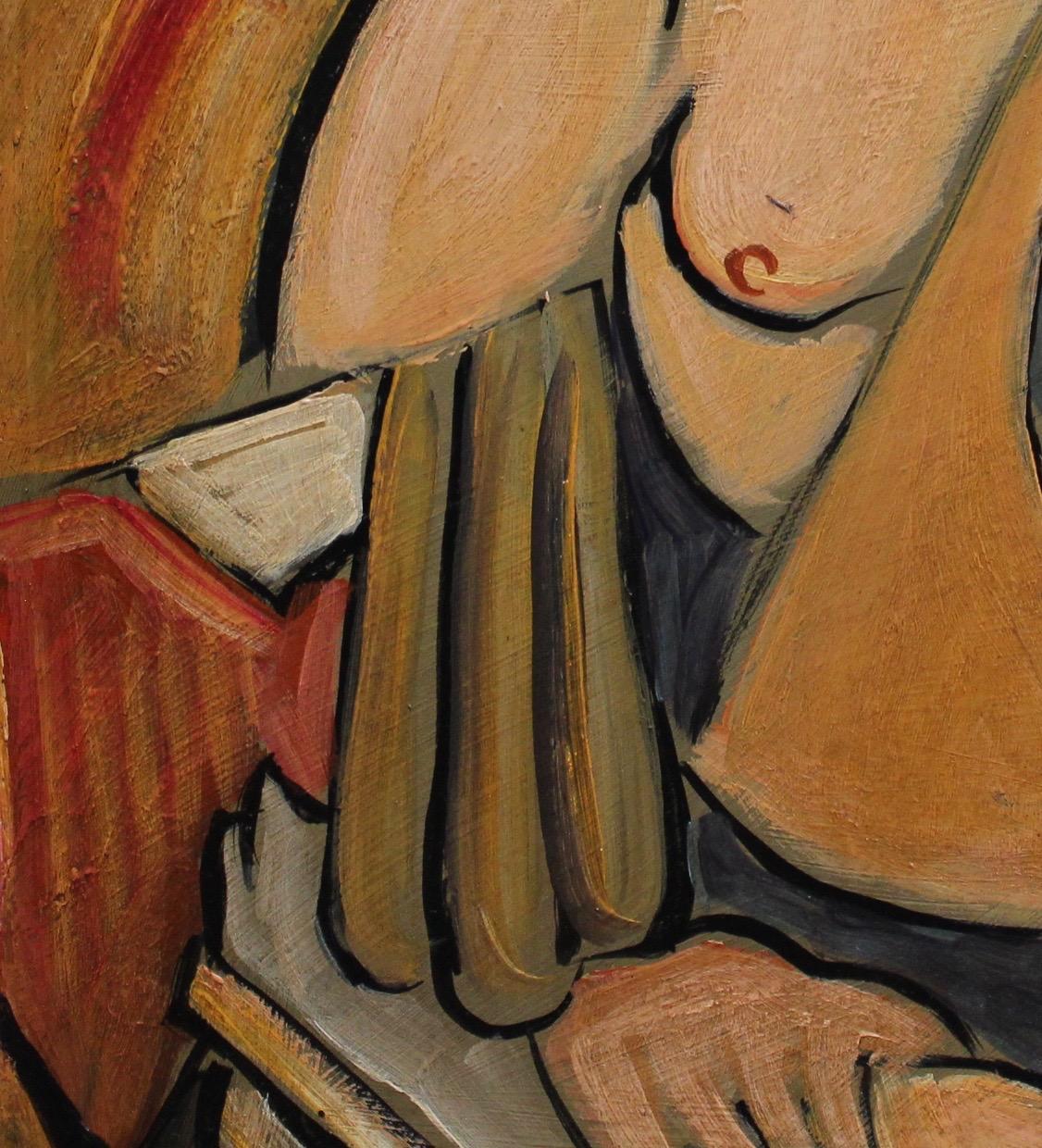 'Seated Cubist Nude' by T.R., Mid-Century Modern Cubist Portrait Oil Painting 6