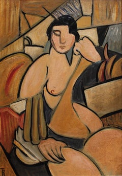 'Seated Cubist Nude' by T.R., Mid-Century Modern Cubist Portrait Oil Painting