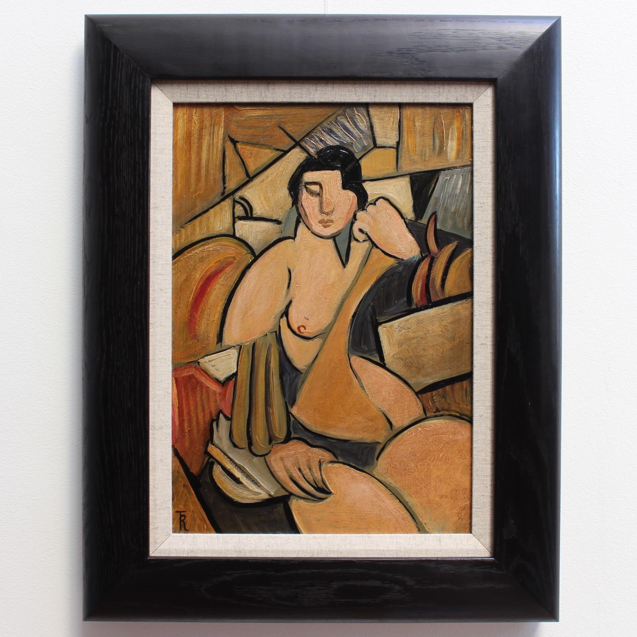 'Seated Cubist Nude', oil on board, by artist with the initials, T.R. (circa 1940s - 1960s). One of the finest works from the 'School of Berlin' series, this breathtaking painting makes an immediate impact on the viewer. It is a visually stunning