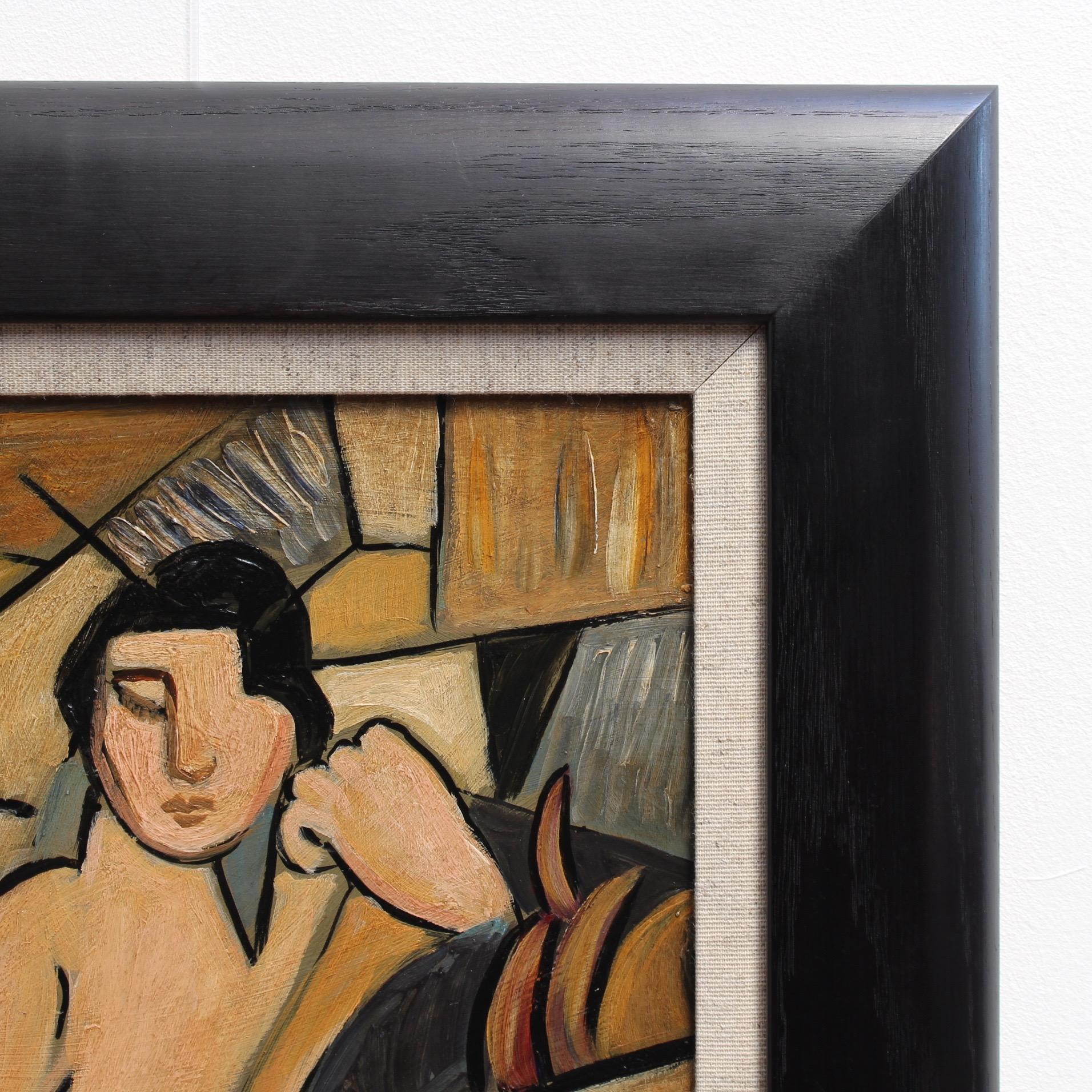 'Seated Cubist Nude' by T.R., Mid-Century Modern Cubist Portrait Oil Painting 7