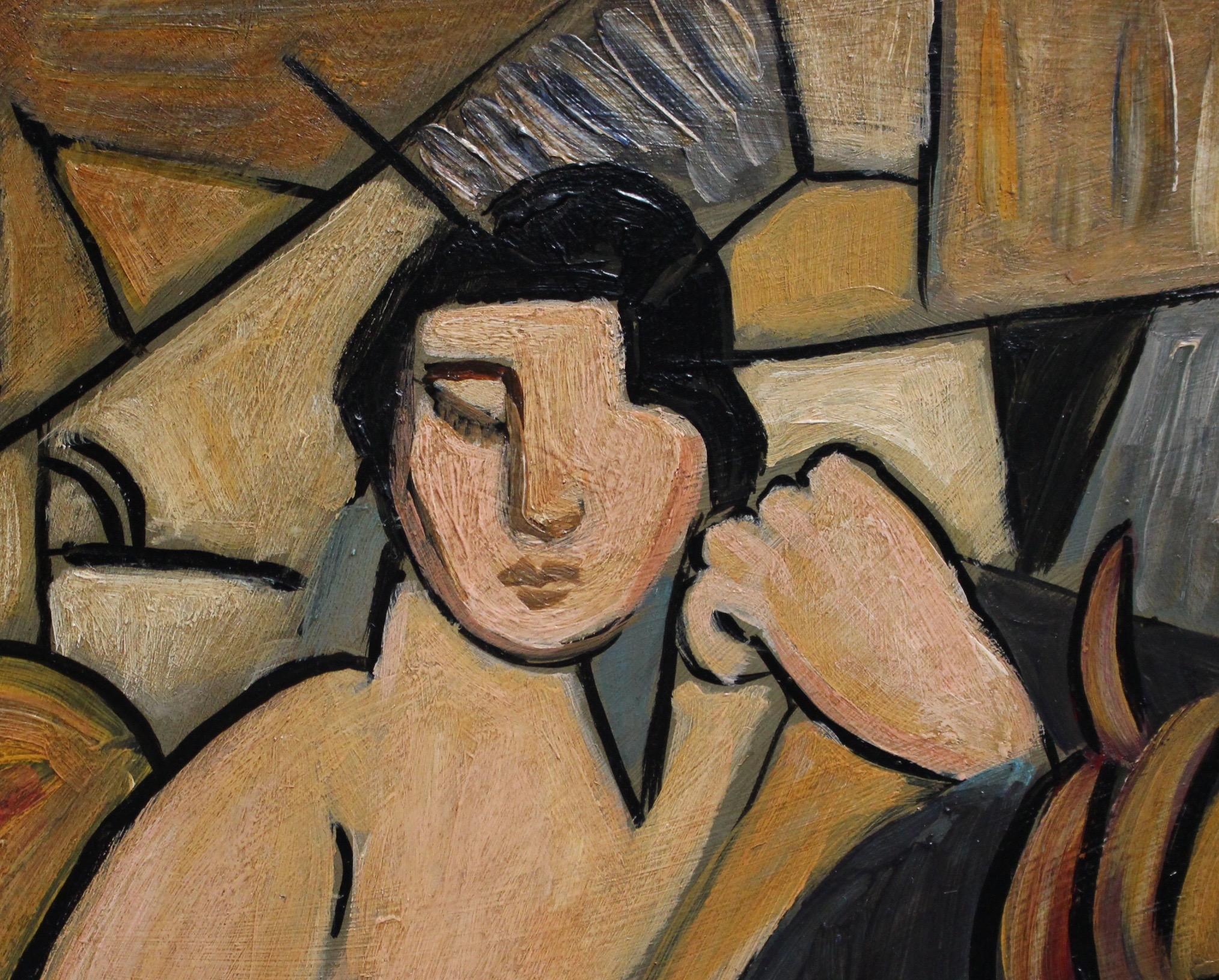 'Seated Cubist Nude' by T.R., Mid-Century Modern Cubist Portrait Oil Painting 2