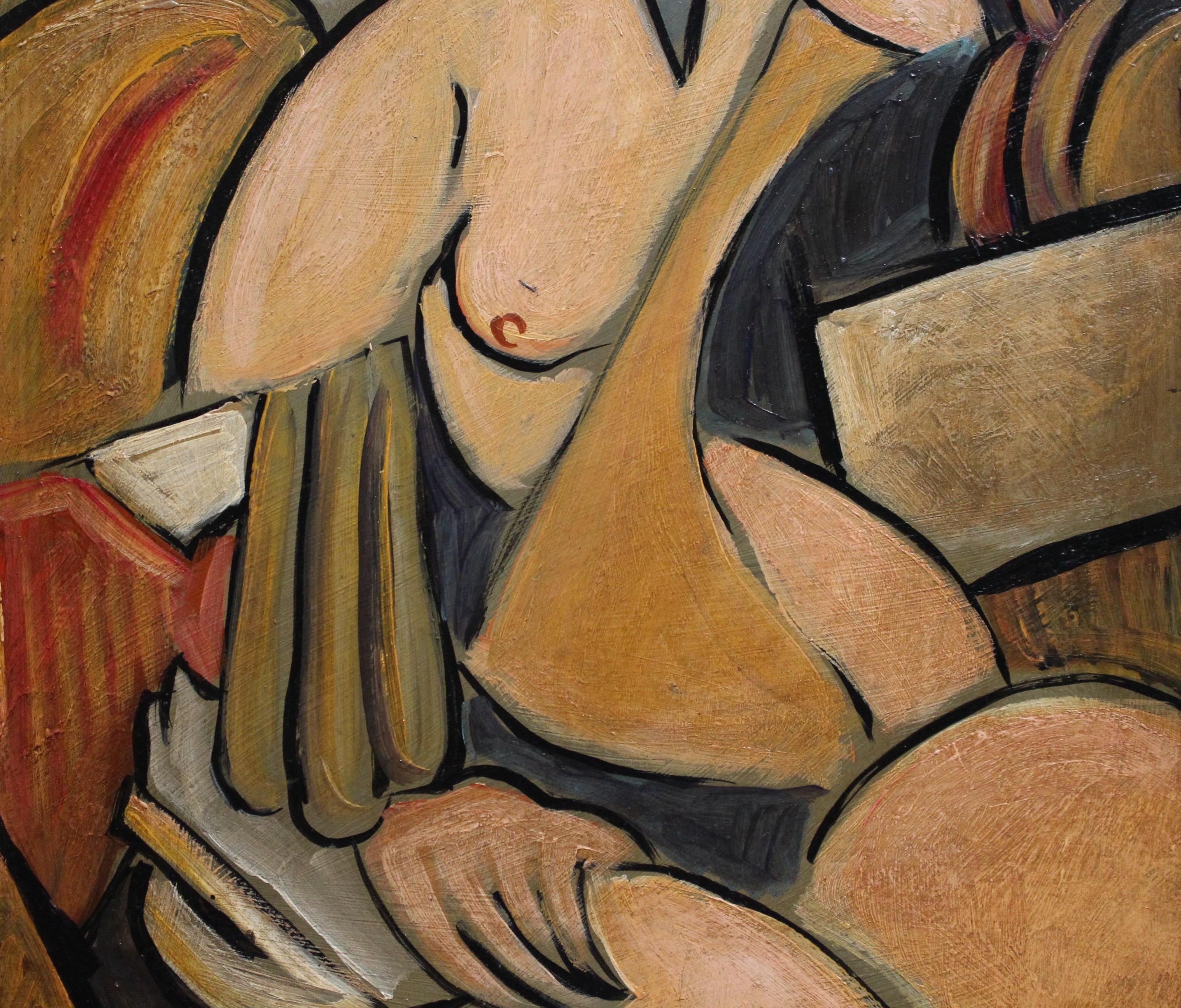 'Seated Cubist Nude' by T.R., Mid-Century Modern Cubist Portrait Oil Painting 4