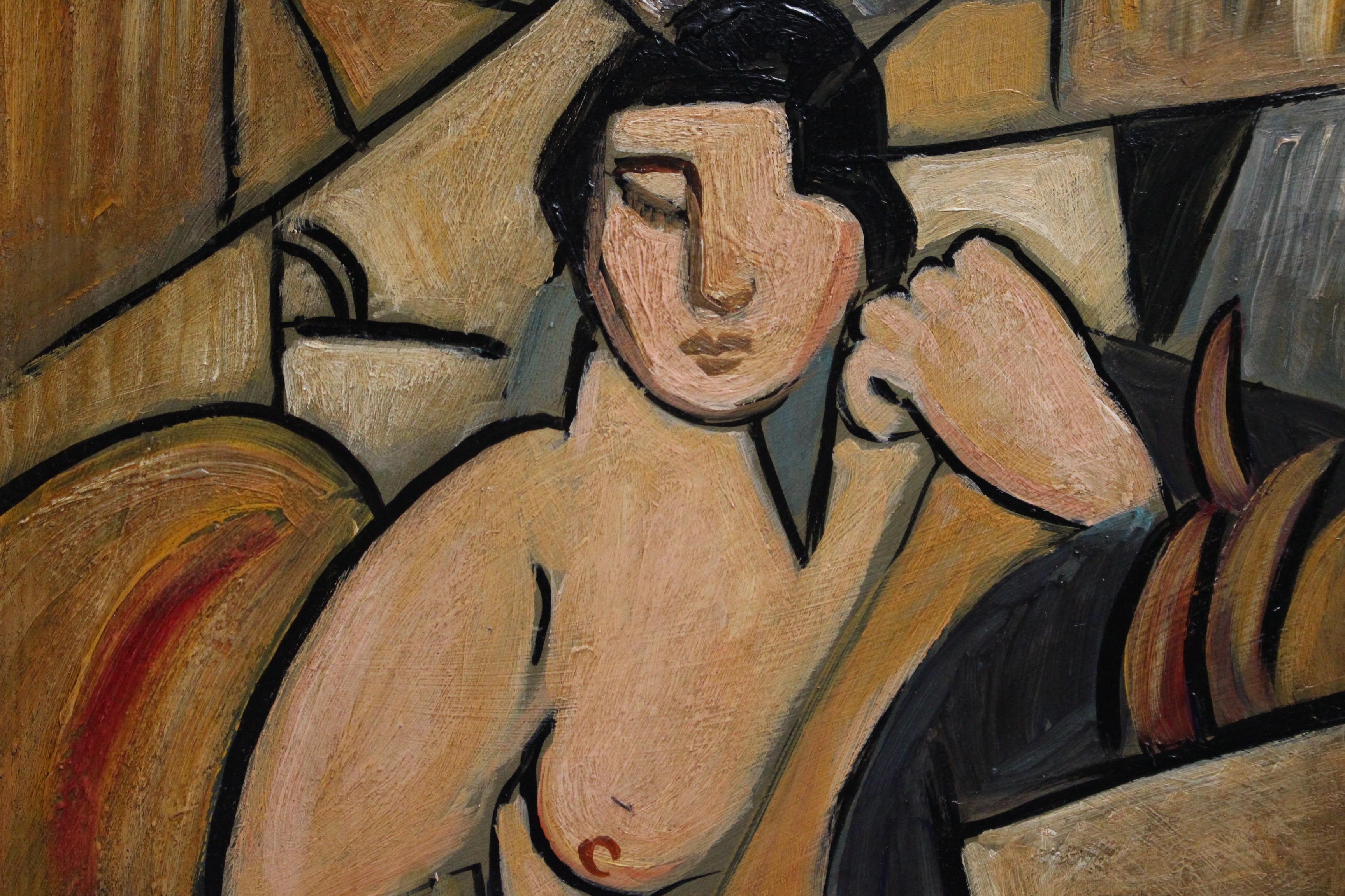 'Seated Cubist Nude' by T.R., Mid-Century Modern Cubist Portrait Oil Painting 3