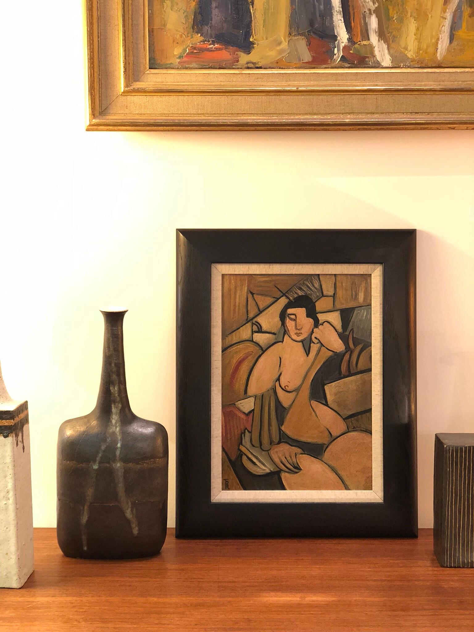 'Seated Cubist Nude' by T.R., Mid-Century Modern Cubist Portrait Oil Painting 9