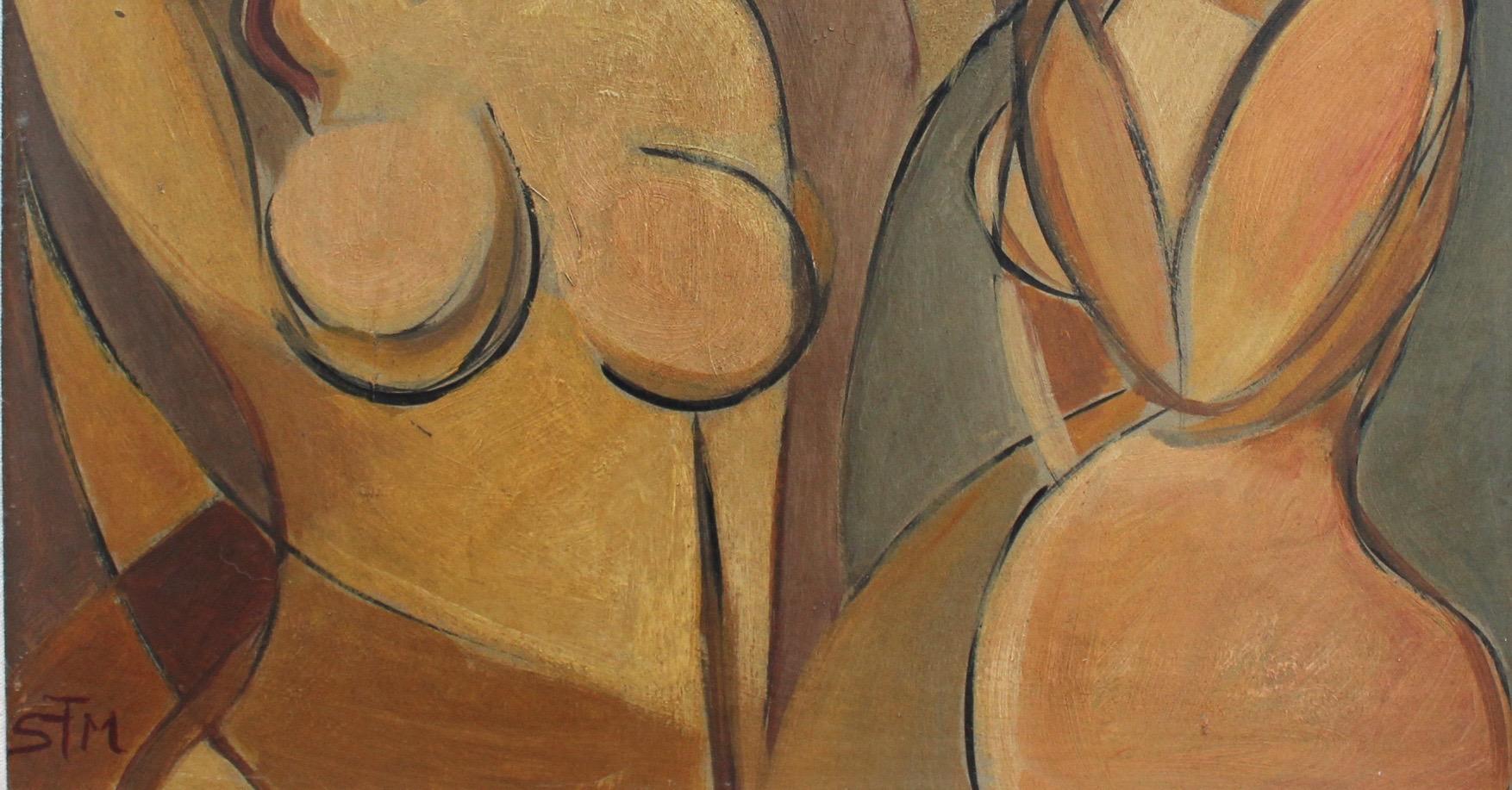 STM, 'Posing Nudes', Cubist Portrait Nude Oil Painting, circa 1940s 2