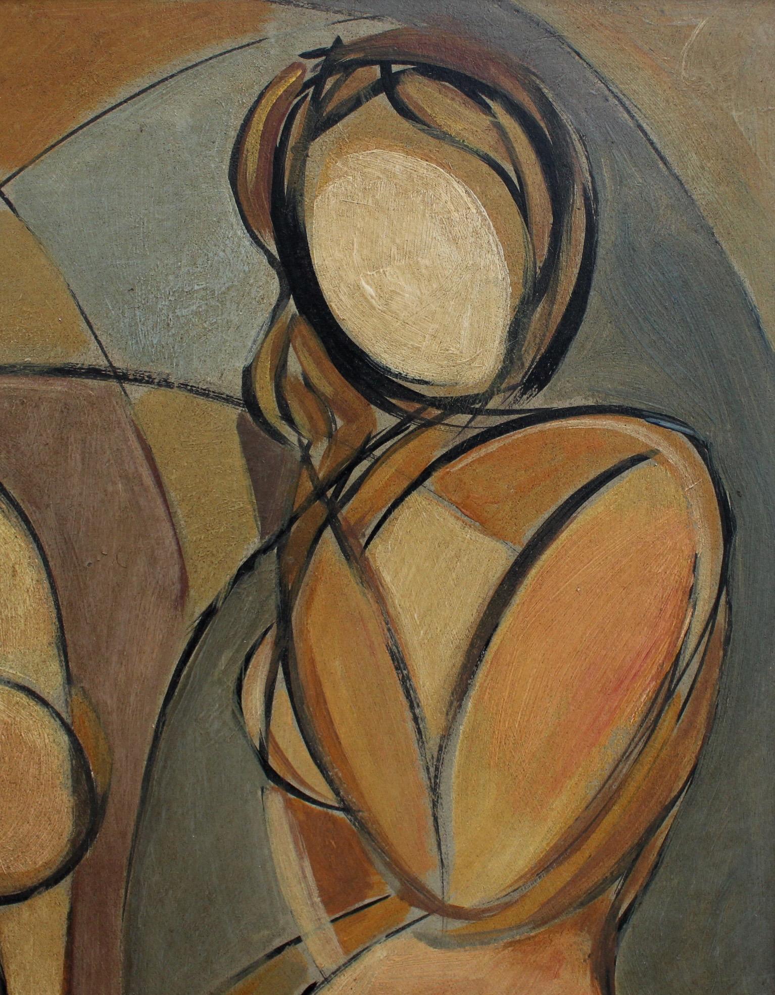 STM, 'Posing Nudes', Cubist Portrait Nude Oil Painting, circa 1940s 4