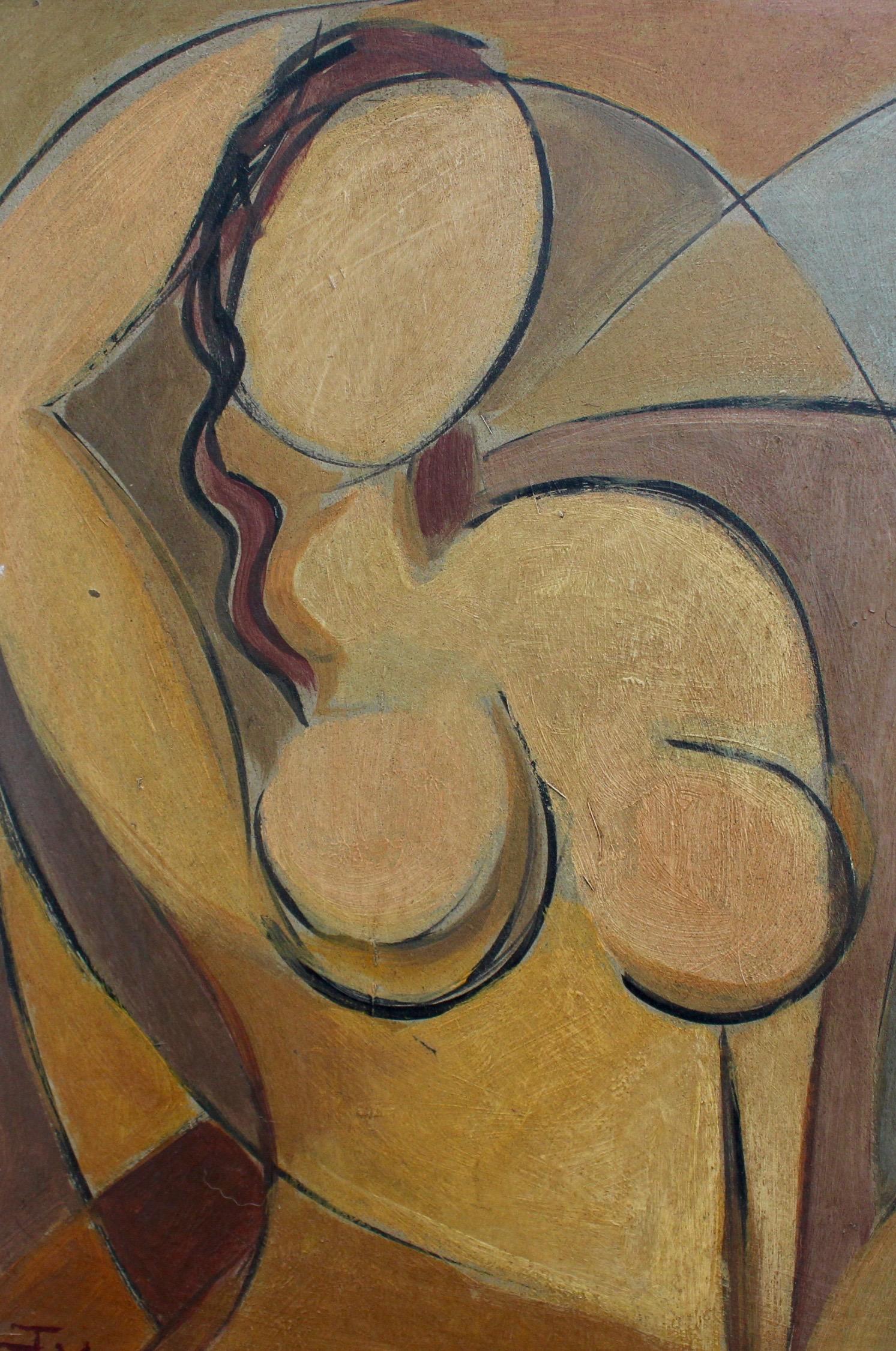 STM, 'Posing Nudes', Cubist Portrait Nude Oil Painting, circa 1940s 3