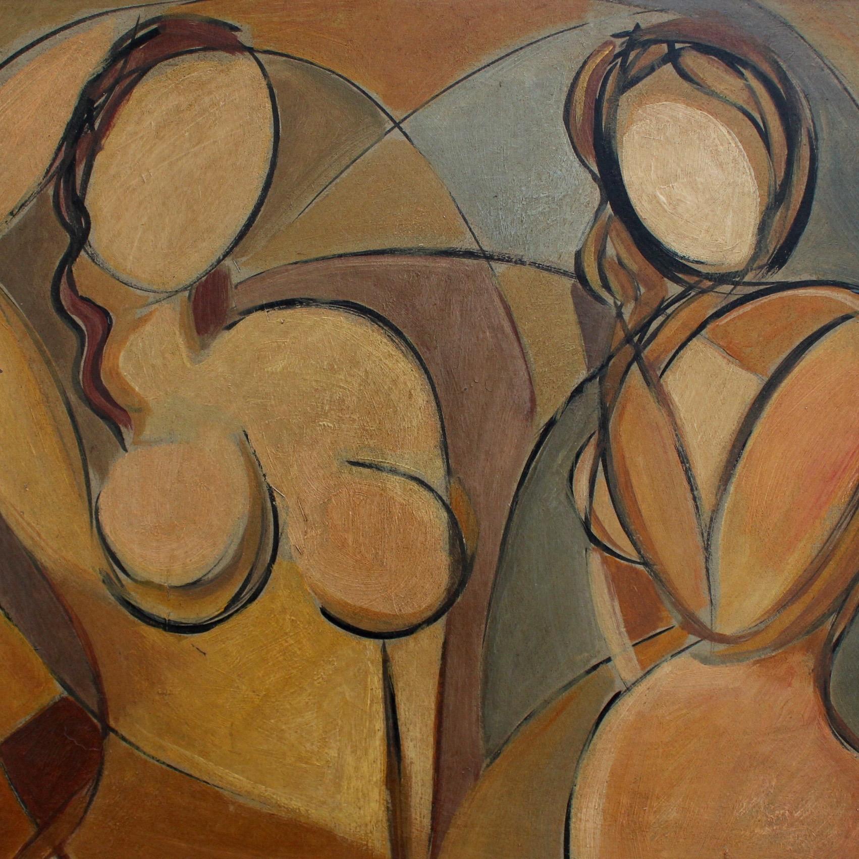 STM, 'Posing Nudes', Cubist Portrait Nude Oil Painting, circa 1940s 1