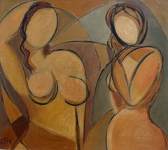 STM, 'Posing Nudes', Cubist Portrait Nude Oil Painting, circa 1940s