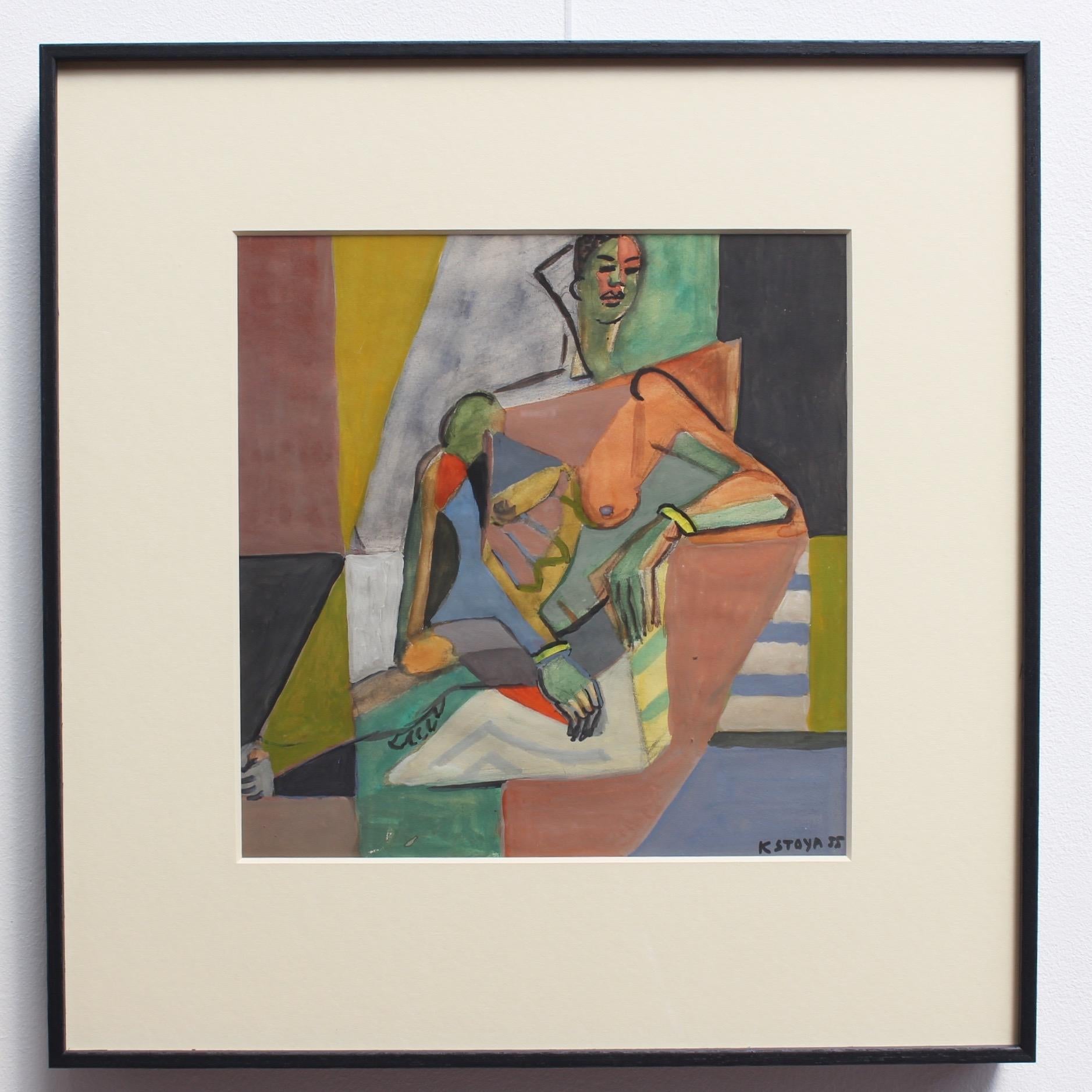 A cubist nude portrait of a seated woman, in gouache on fine art paper (1955), by artist Kosta Stojanovitch. This work is one in a series of four images. Here, an imposing woman lounges comfortably on a modern chair in a pose for the artist wearing