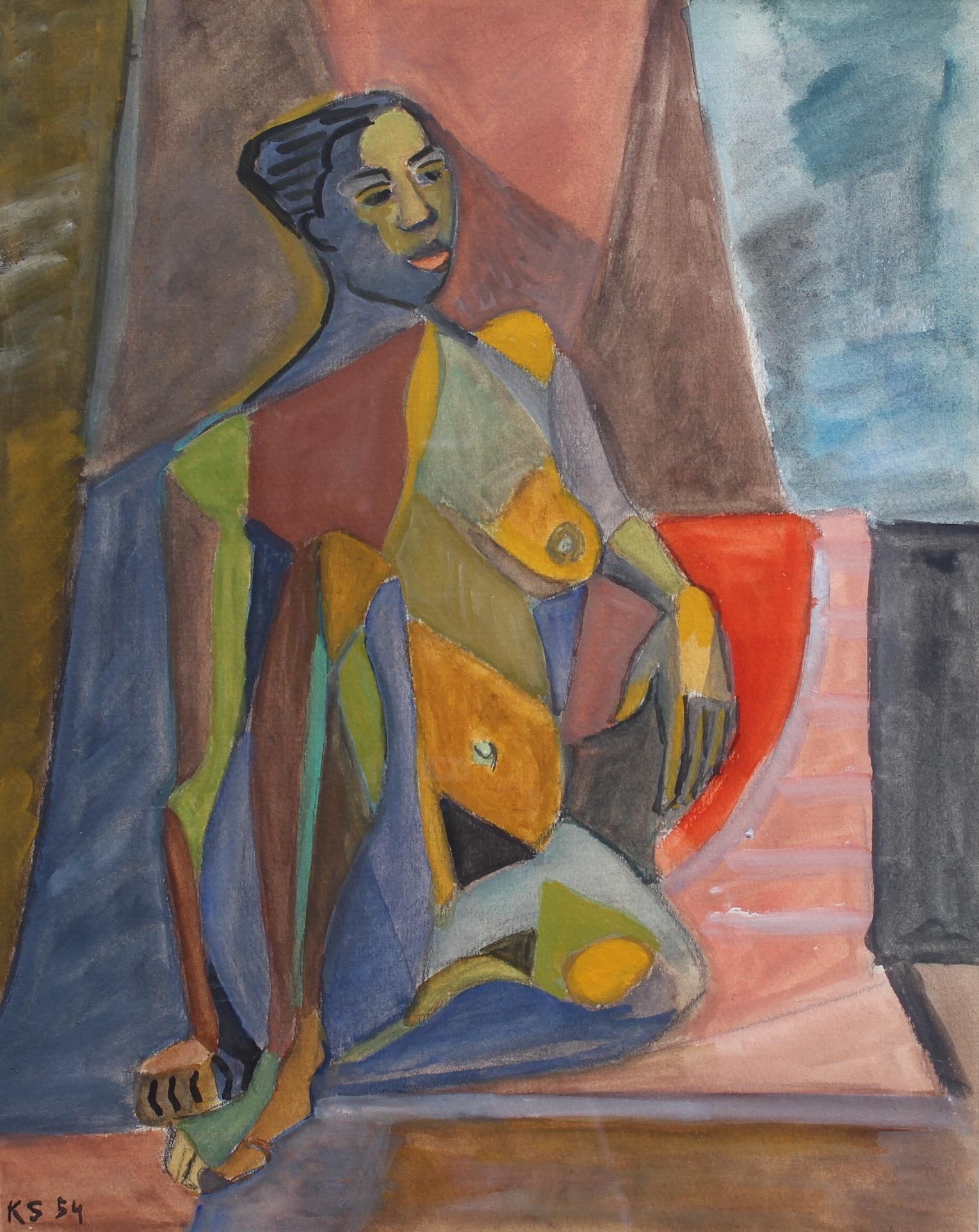 A cubist nude portrait of a seated woman, in gouache on fine art paper (1954), by artist Kosta Stojanovitch. This work is one in a series of four images. Here, a statuesque woman sits comfortably on the cushioned floor in a pose for the artist.