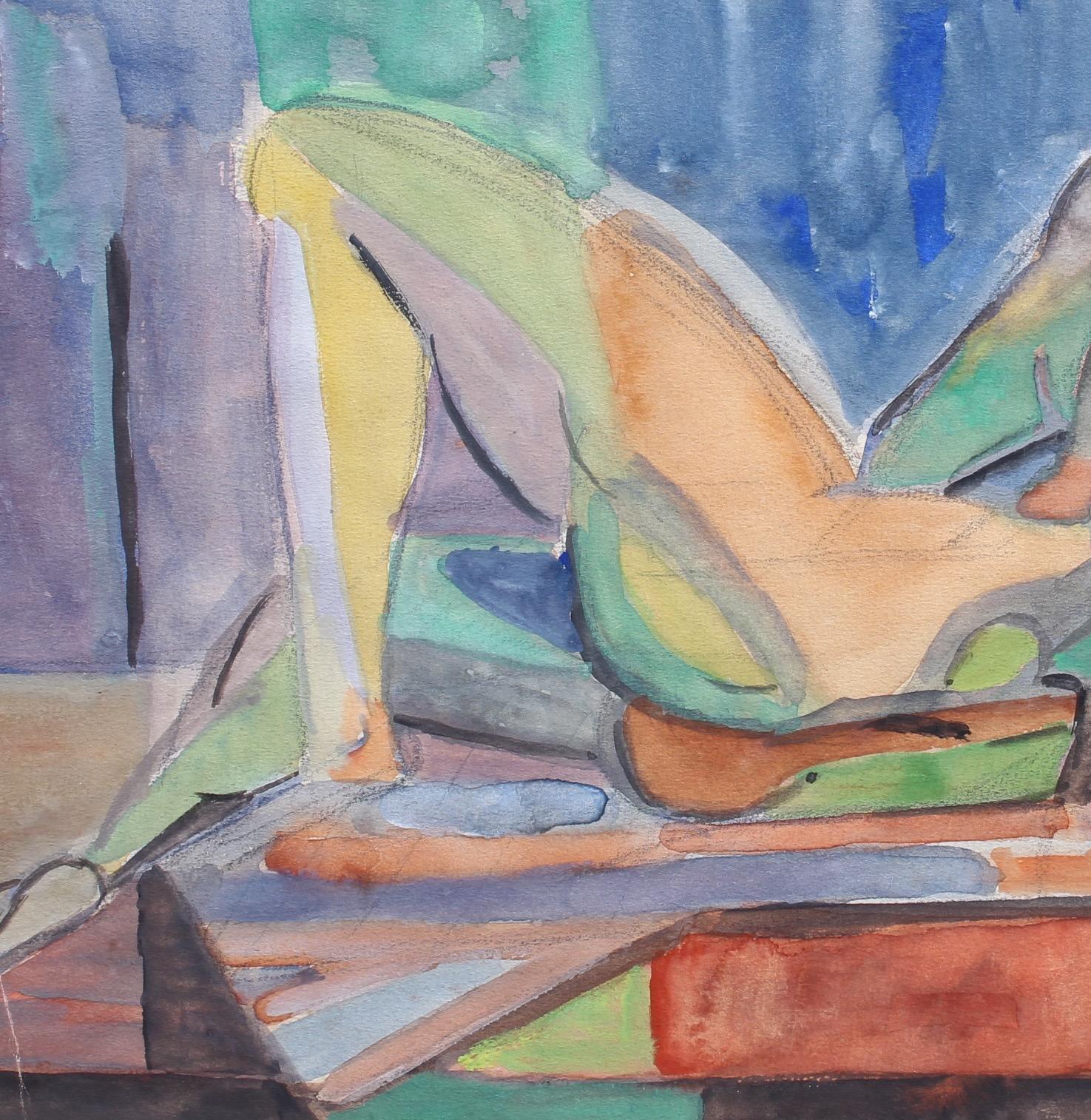 A cubist nude portrait of a reclining woman in model pose, in gouache on fine art paper (1957), by artist Kosta Stojanovitch. This work is one in a series of four images. Here, a shapely model lies in repose for the artist. She seems perfectly at