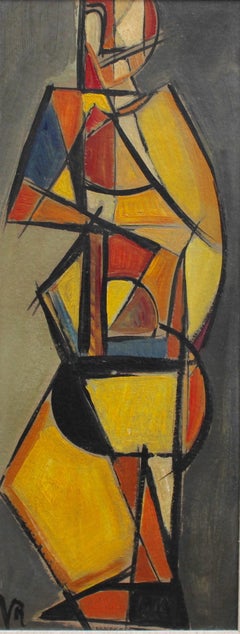 V.R., 'Pizzicato' Double Bass Player, Cubist - Abstract Oil Painting 1940s - 50s