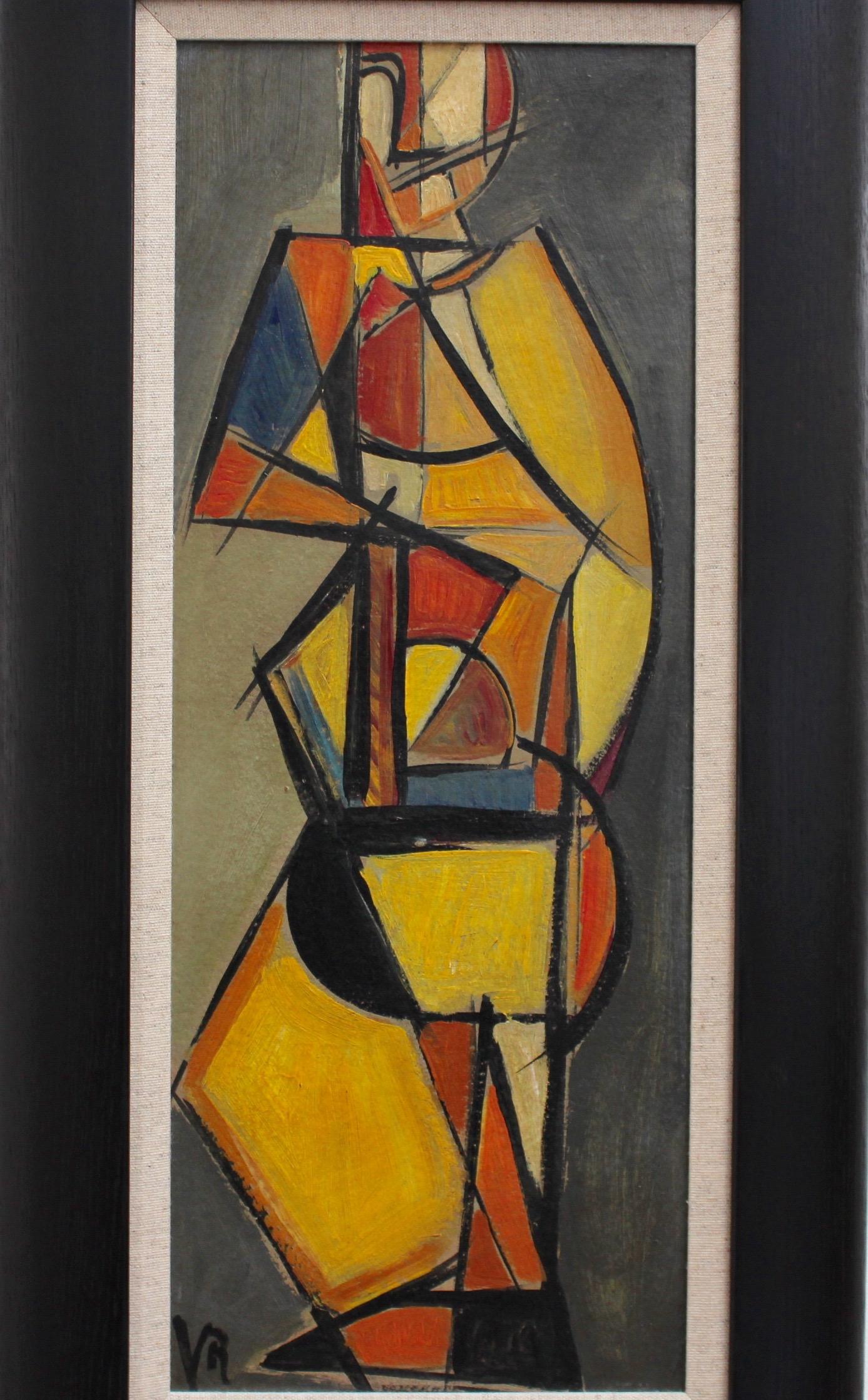 'Pizzicato' double bass player, oil on board (circa 1940s - 50s), by artist with initials, V.R. When a double bass player plucks the strings with their fingers it is called 'pizzicato'. This sumptuous cubist depiction of the musician is inspired by