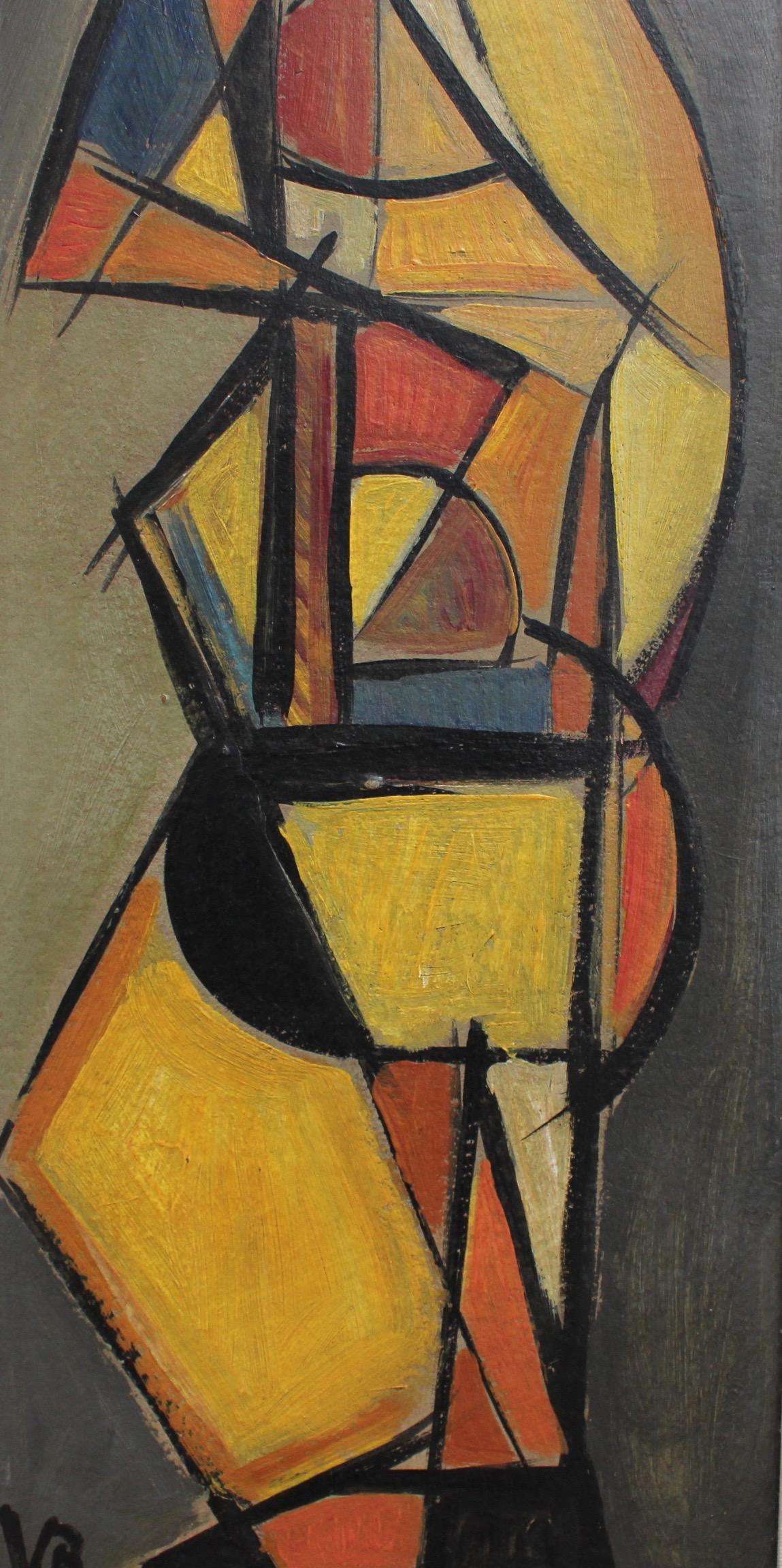 V.R., 'Pizzicato' Double Bass Player, Cubist - Abstract Oil Painting 1940s - 50s 2