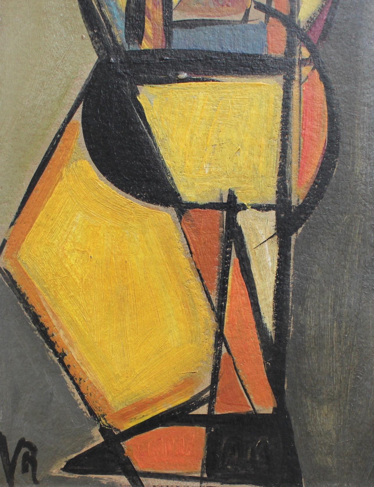 V.R., 'Pizzicato' Double Bass Player, Cubist - Abstract Oil Painting 1940s - 50s 3
