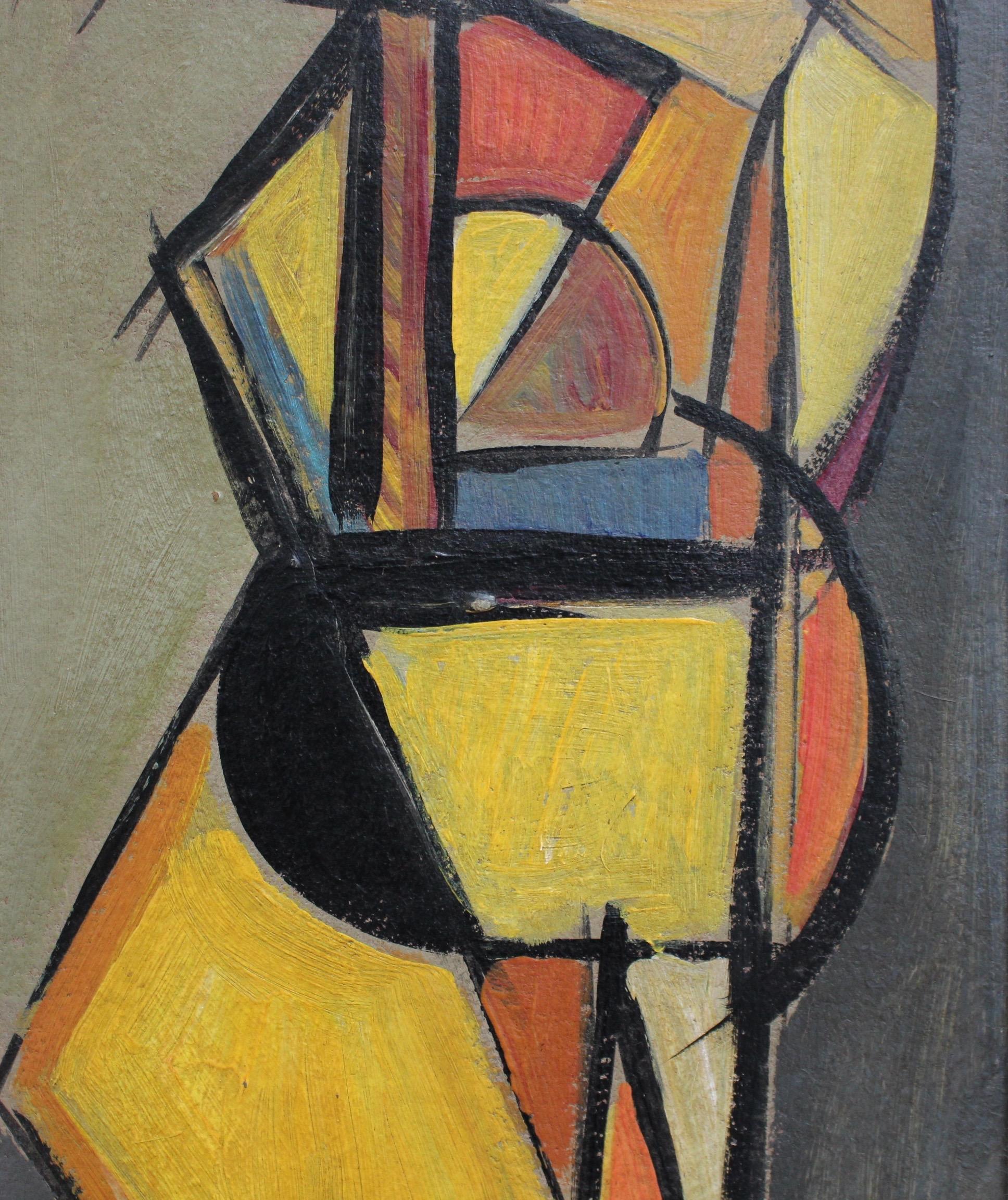 V.R., 'Pizzicato' Double Bass Player, Cubist - Abstract Oil Painting 1940s - 50s 1