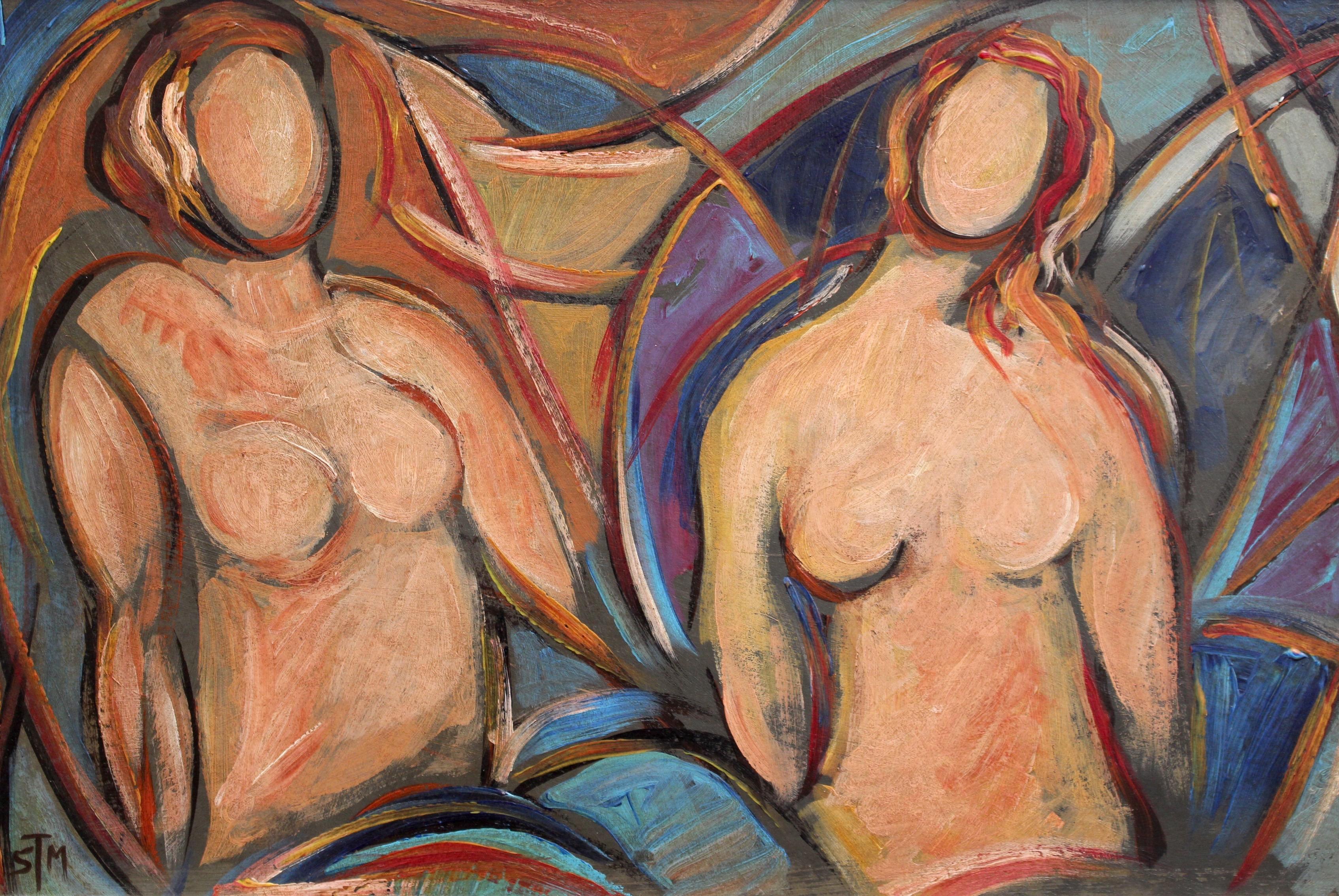 'Nudes in Repose' by STM, Mid-Century Modern Cubist Portrait Painting, Berlin 1