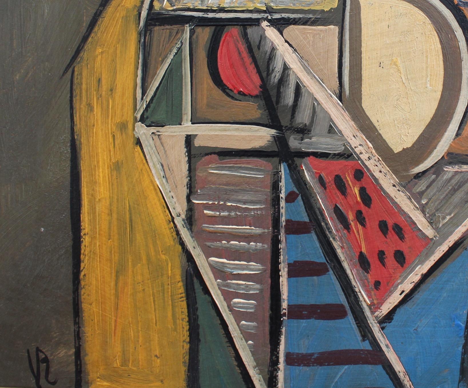 'Cubist Instrumentalist', oil on board (circa 1940s - 50s), by artist with initials V.R. The cubist movement as conceived by Picasso and Georges Braque in the early 20th-century used flat planes of colour and complex puzzle-like compositions echoing