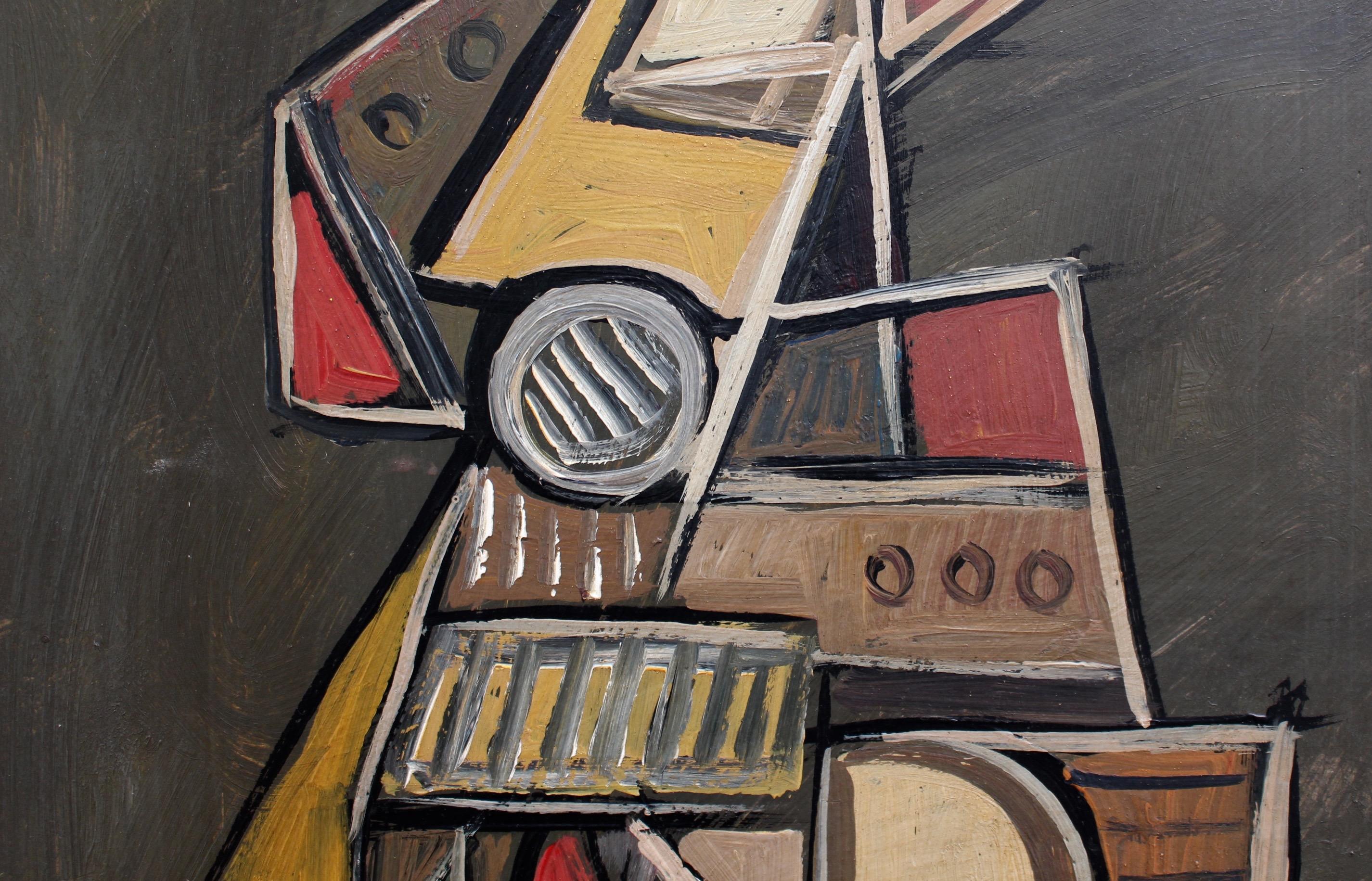 'Cubist Instrumentalist' by V.R., Mid-Century Abstract Oil Painting, Berlin 1