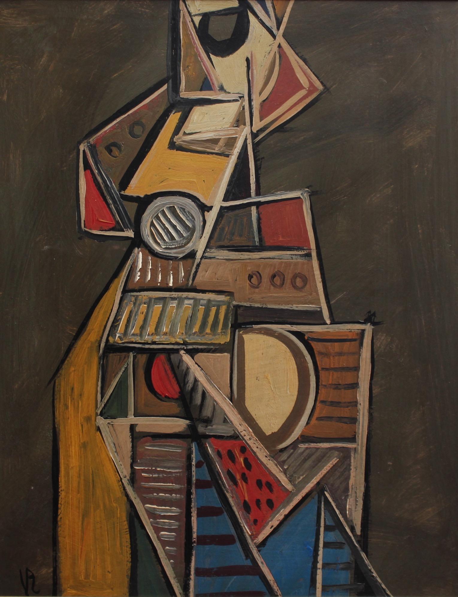 STM Abstract Painting - 'Cubist Instrumentalist' by V.R., Mid-Century Abstract Oil Painting, Berlin