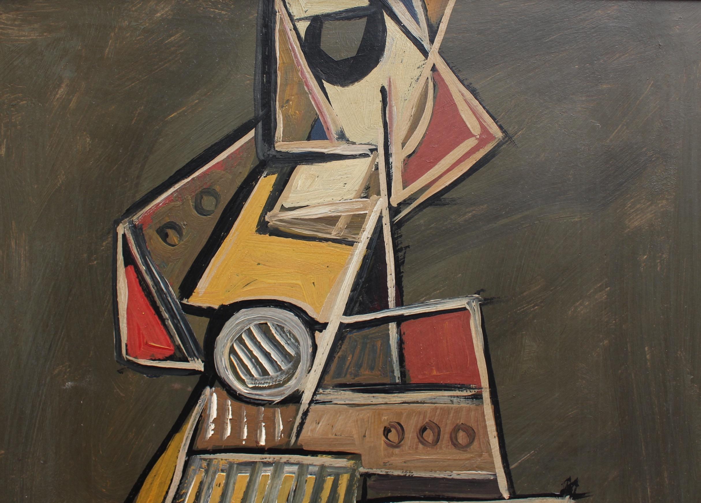 'Cubist Instrumentalist' by V.R., Mid-Century Abstract Oil Painting, Berlin - Black Abstract Painting by STM